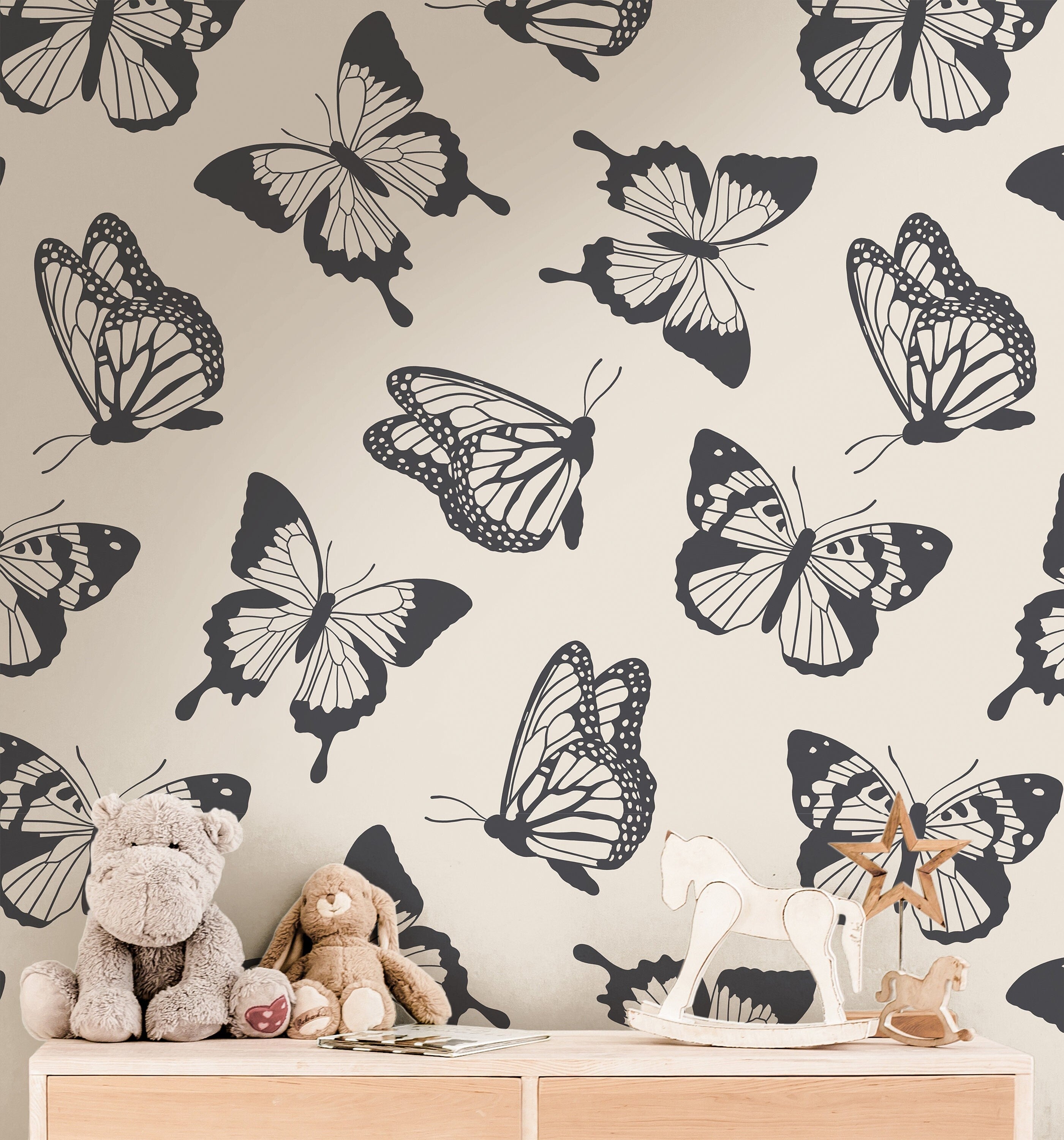 Butterfly Cream Black Wallpaper | Girls Nursery Wallpaper | Kids Wallpaper | Childrens Wallpaper | Peel Stick Removable Wallpaper | 3839 - JamesAndColors