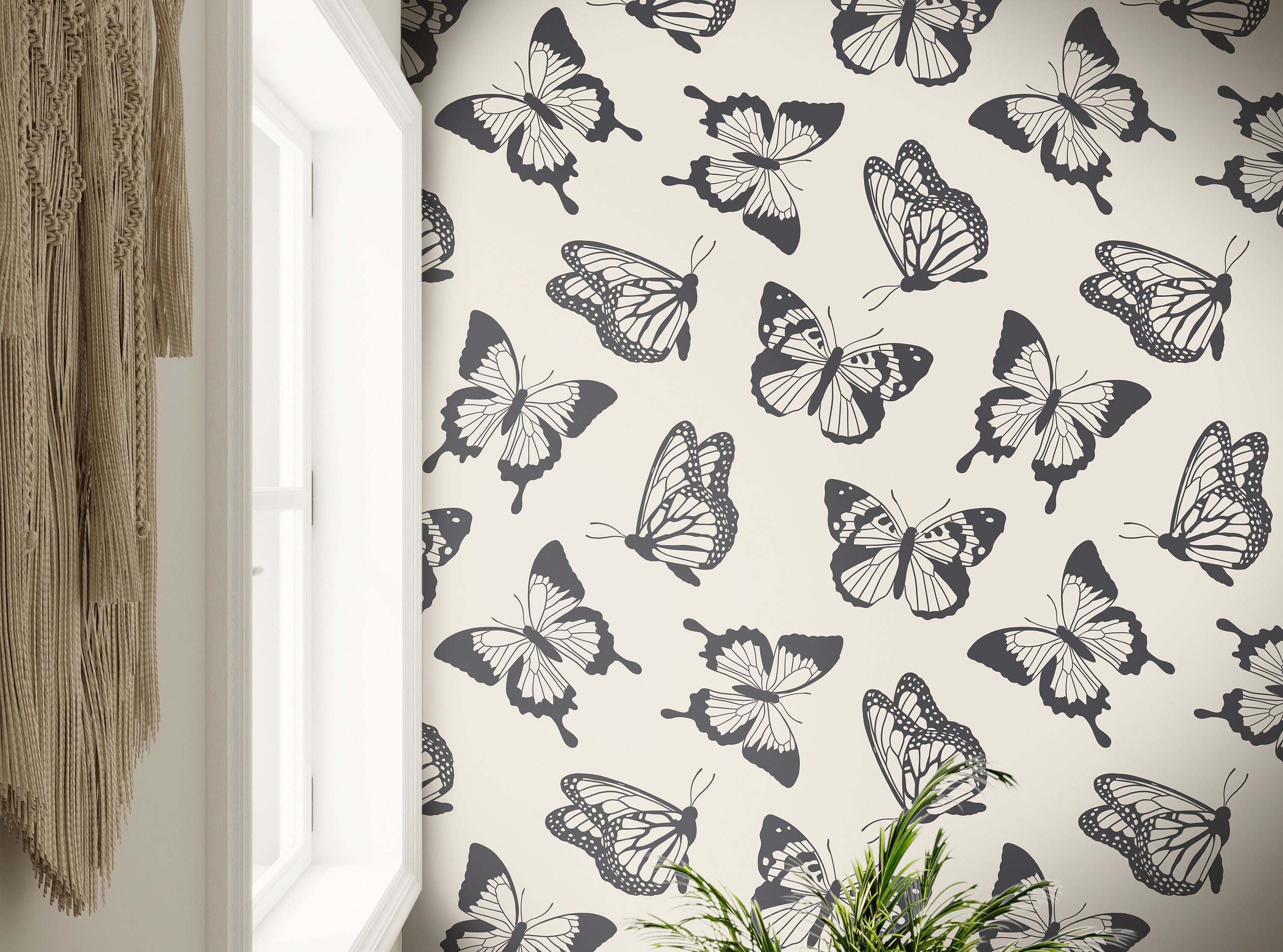 Wallpaper Peel and Stick Wallpaper Black And Cream Monarch Butterfly Boho Removable Wallpaper Wall Decor Home Decor Wall Art Room Decor 3766 - JamesAndColors