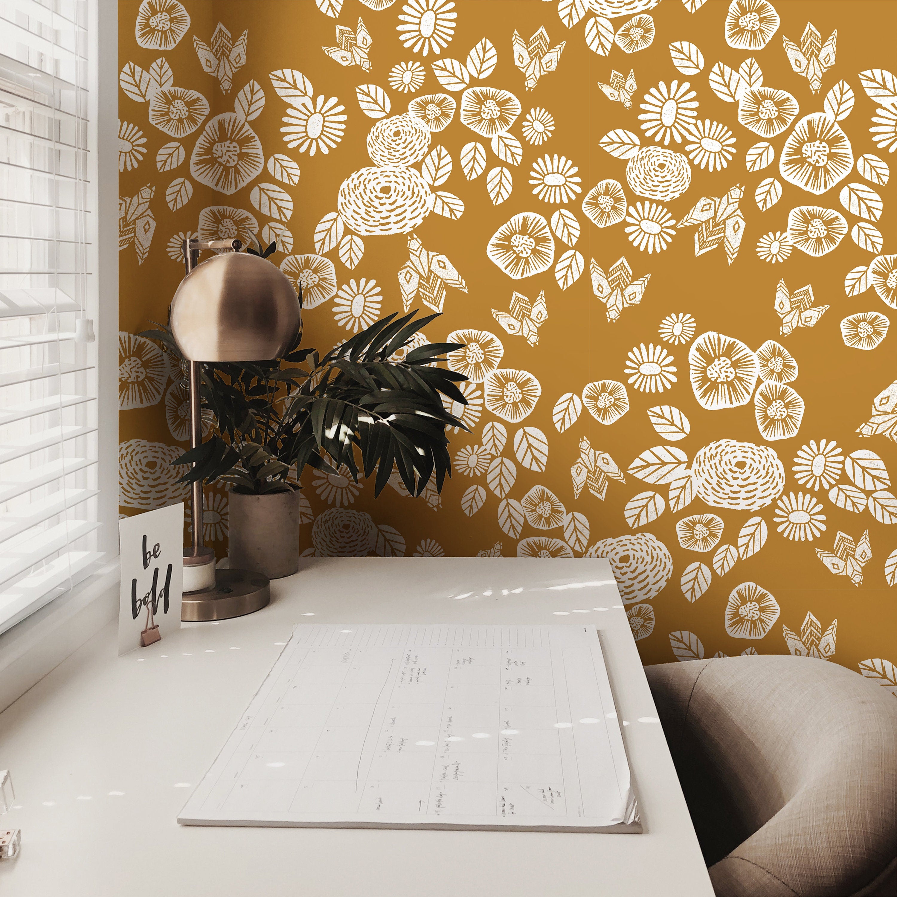 Wallpaper Peel and Stick Wallpaper Golden Yellow And White Floral Boho Removable Wallpaper Wall Decor Home Decor Wall Art Room Decor 3772 - JamesAndColors