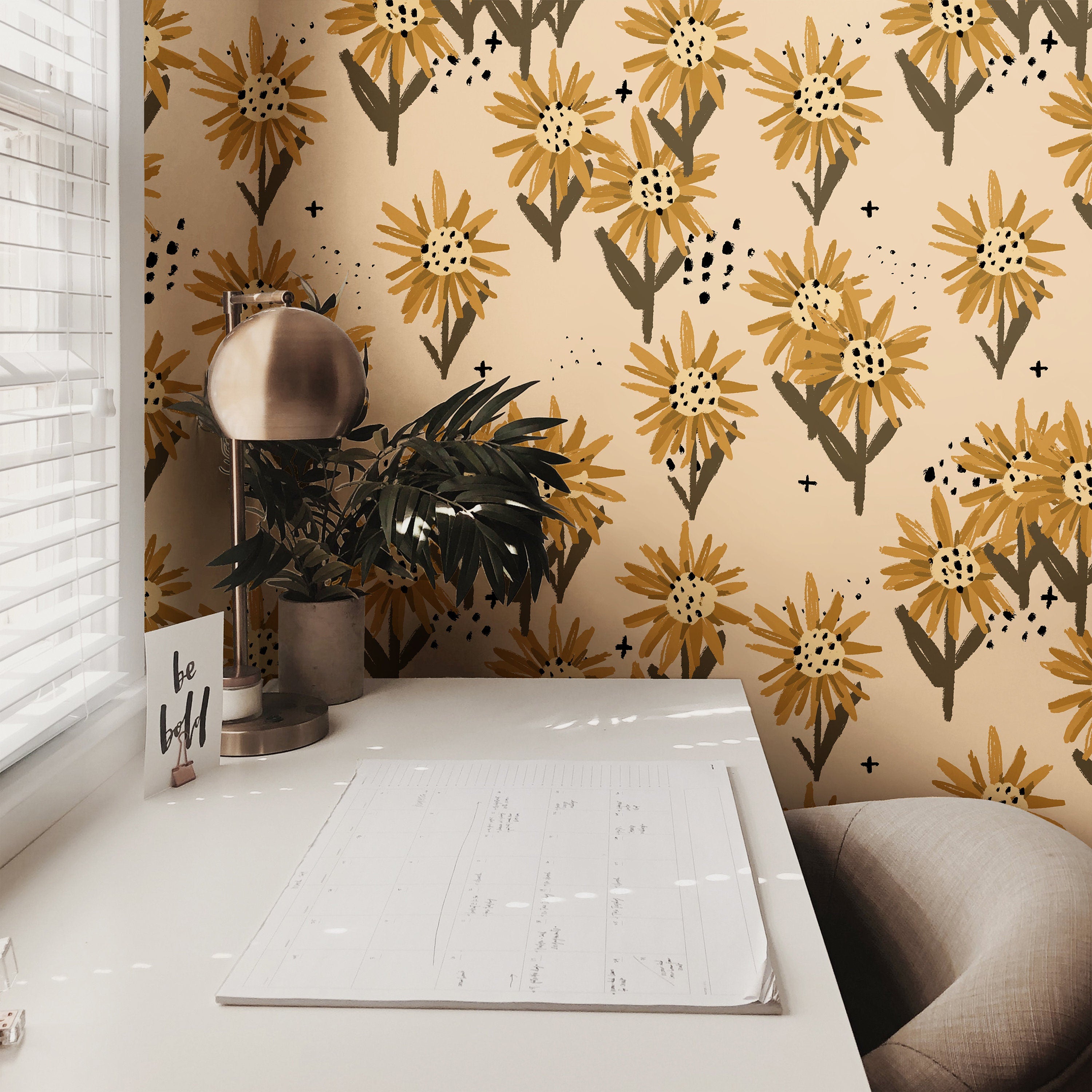 Wallpaper Peel and Stick Wallpaper Boho Golden Sunflowers Floral Removable Wallpaper Wall Decor Home Decor Wall Art Room Decor 3775 - JamesAndColors