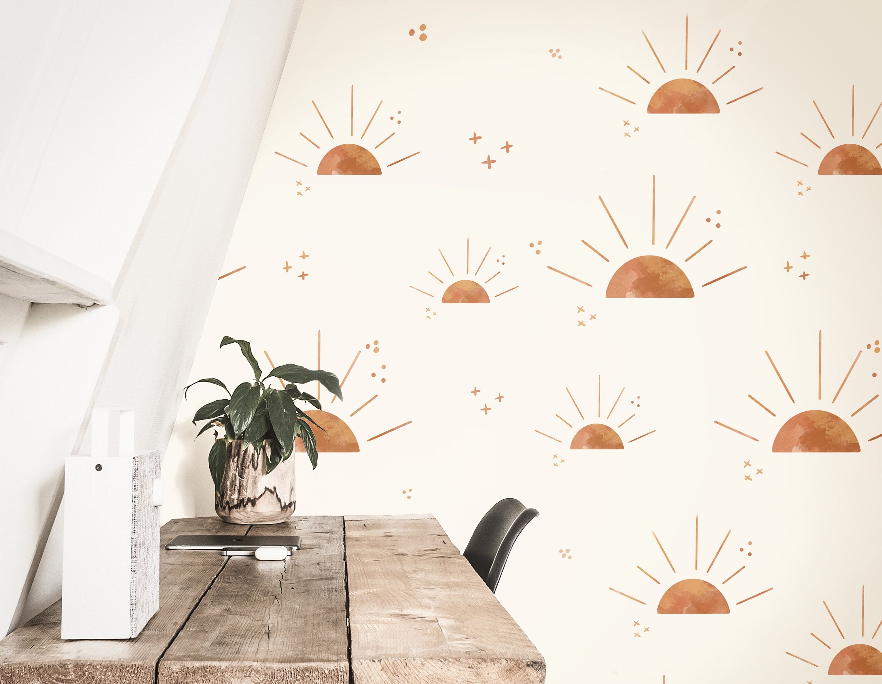 Wallpaper 3850: A modern boho sun wallpaper featuring warm, minimalist sunbursts in soft earthy tones, creating a dreamy and radiant ambiance.