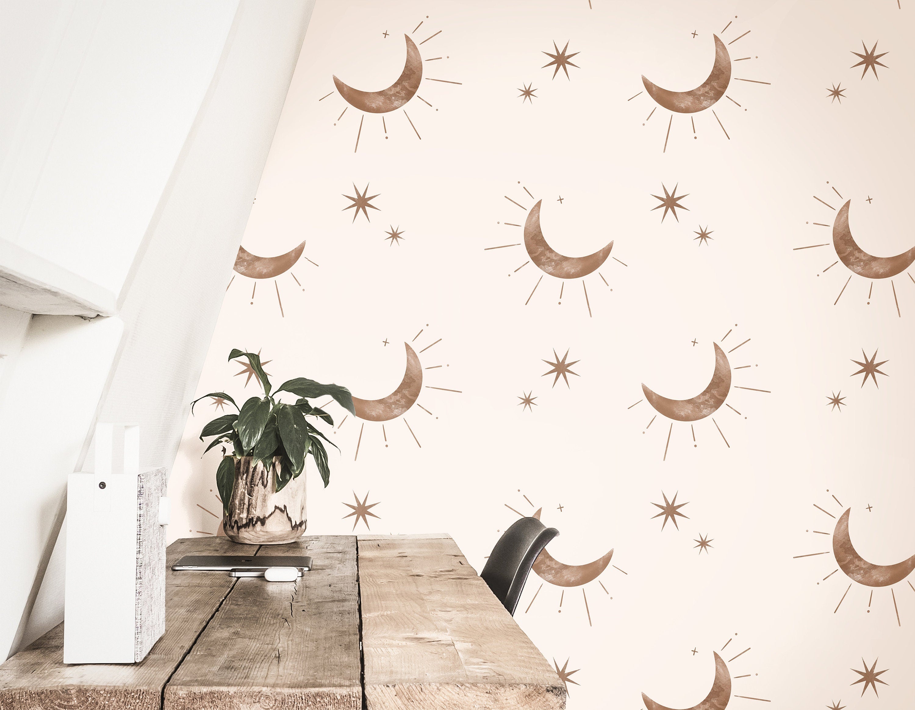 Boho Moon And Stars Wallpaper Peel and Stick Wallpaper Removable Wallpaper Wall Decor Home Decor Wall Art Printable Wall Art Room Decor 3849 - JamesAndColors
