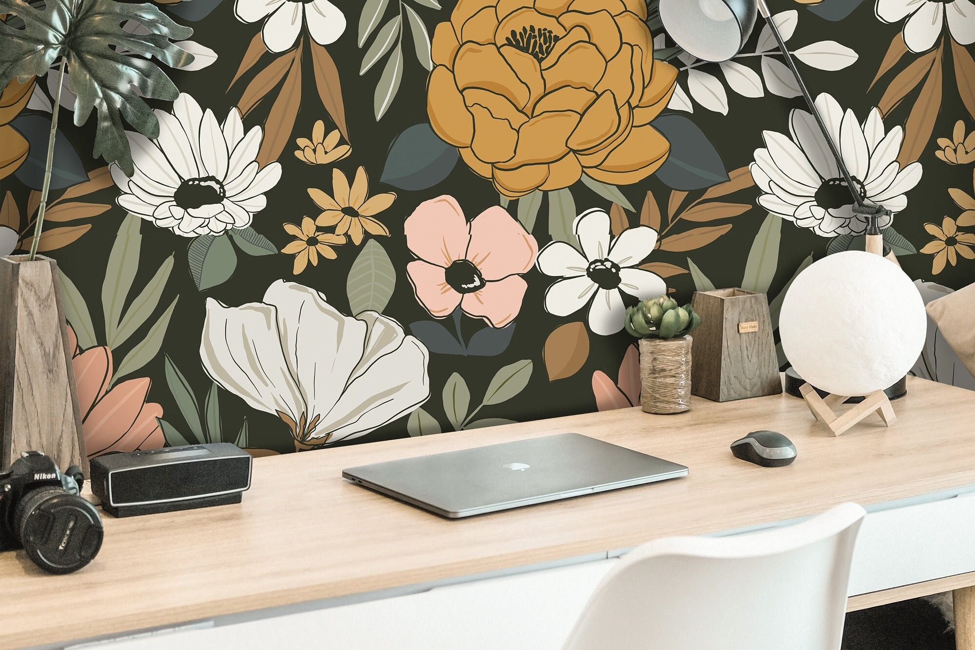 Wallpaper 3848: Elegant dark floral wallpaper featuring an intricate arrangement of hand-painted flowers and foliage in warm blush, mustard, and ivory tones against a deep black background, creating a moody and sophisticated look.