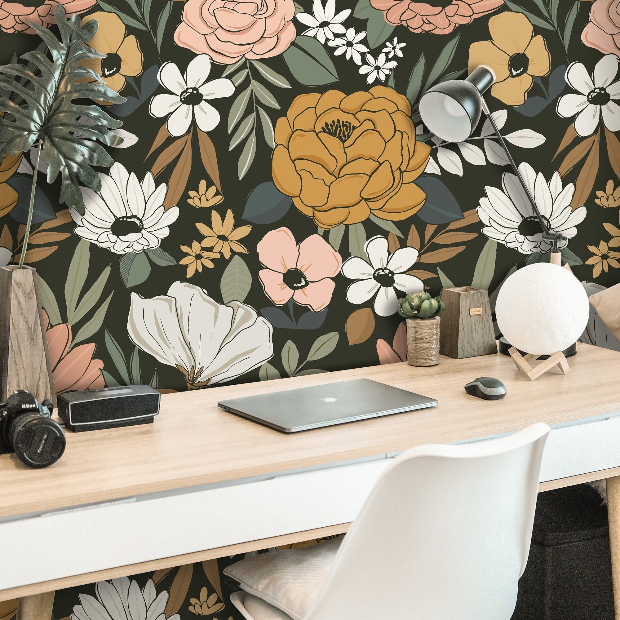 Wallpaper 3848: Elegant dark floral wallpaper featuring an intricate arrangement of hand-painted flowers and foliage in warm blush, mustard, and ivory tones against a deep black background, creating a moody and sophisticated look.
