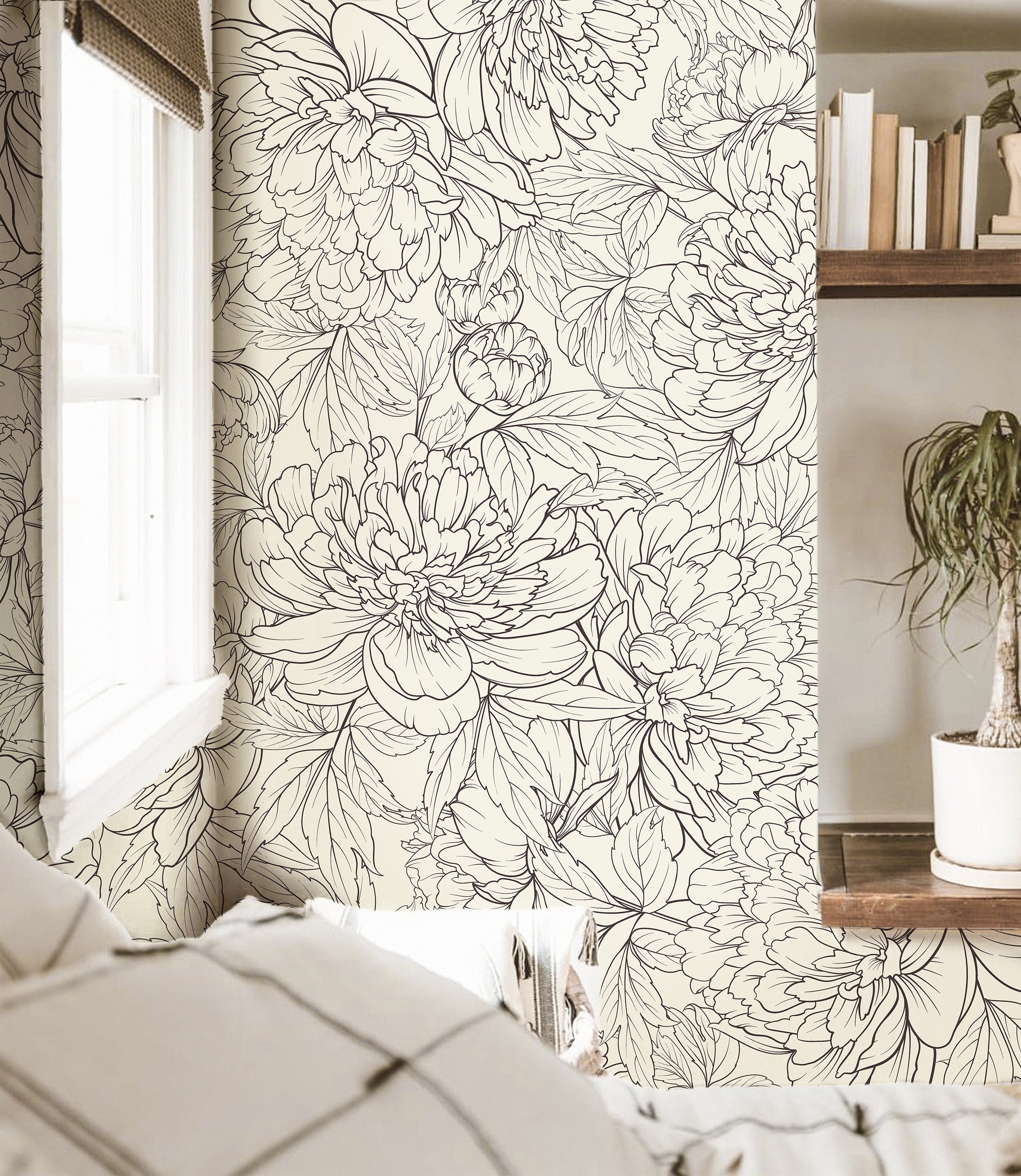 Wallpaper Peel and Stick Wallpaper Black White Floral Outline Removable Wallpaper Wall Decor Home Decor Wall Art Room Decor 3822 - JamesAndColors