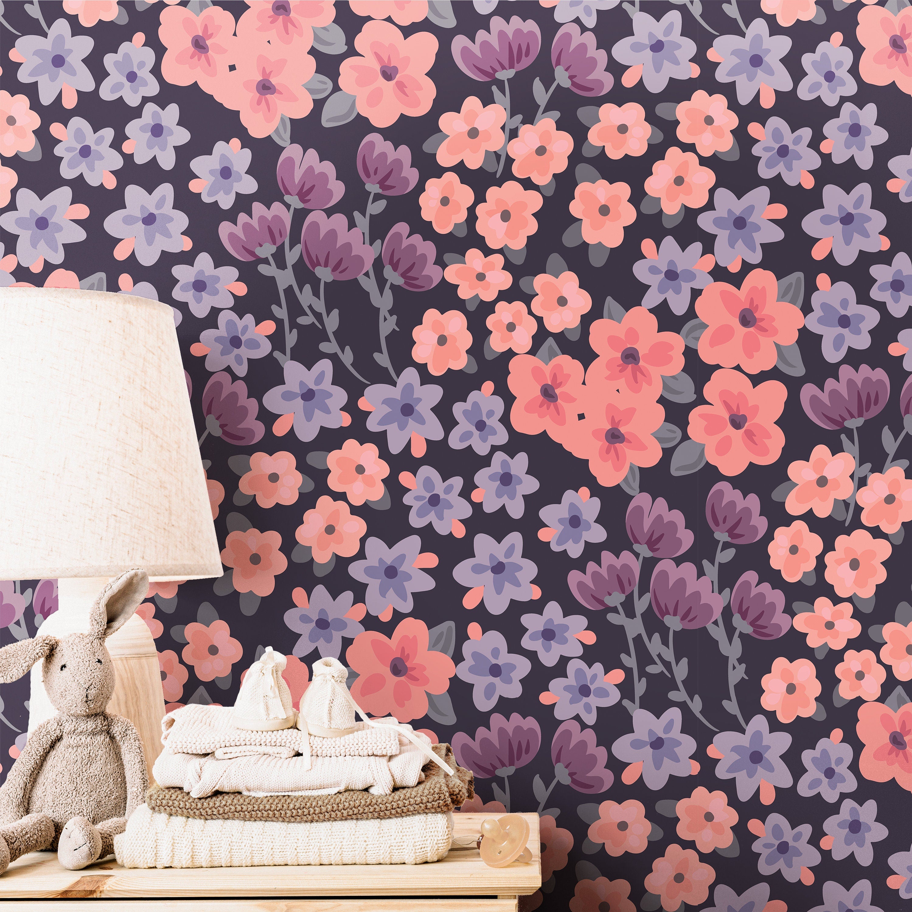 Meadow Flowers Dark Girls Wallpaper | Girls Nursery Wallpaper | Kids Wallpaper | Childrens Wallpaper | Peel Stick Removable Wallpaper | 3858 - JamesAndColors