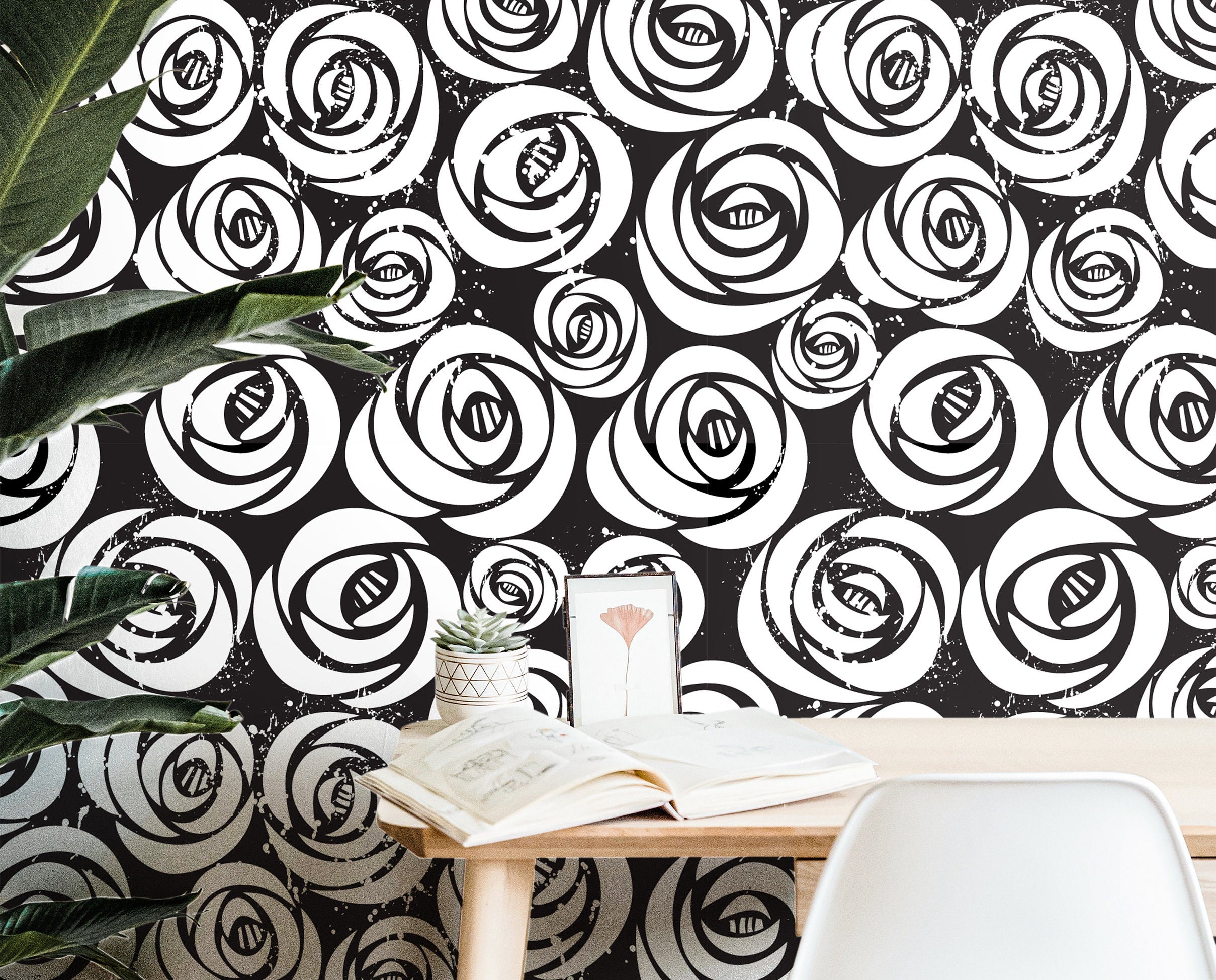 Wallpaper Peel and Stick Wallpaper Black White Distressed Rose Floral Removable Wallpaper Wall Decor Home Decor Wall Art Room Decor 3822 - JamesAndColors