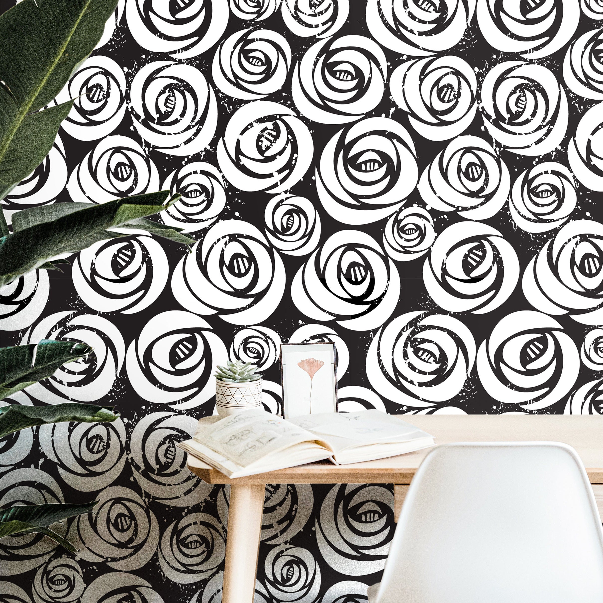 Wallpaper Peel and Stick Wallpaper Black White Distressed Rose Floral Removable Wallpaper Wall Decor Home Decor Wall Art Room Decor 2043- JamesAndColors