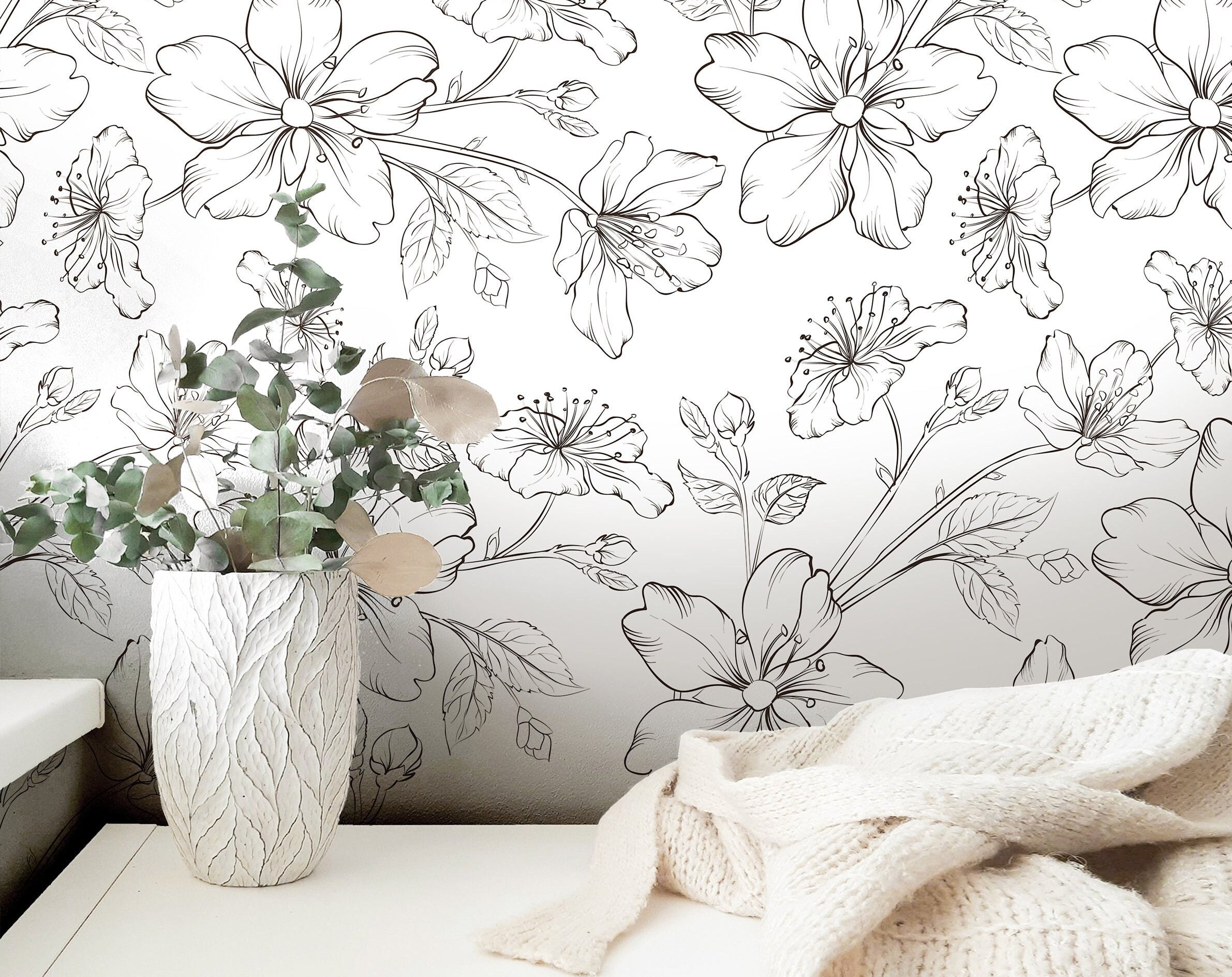 Wallpaper Peel and Stick Wallpaper Large Outline Floral Neutral White Removable Wallpaper Wall Decor Home Decor Wall Art Room Decor 3812 - JamesAndColors