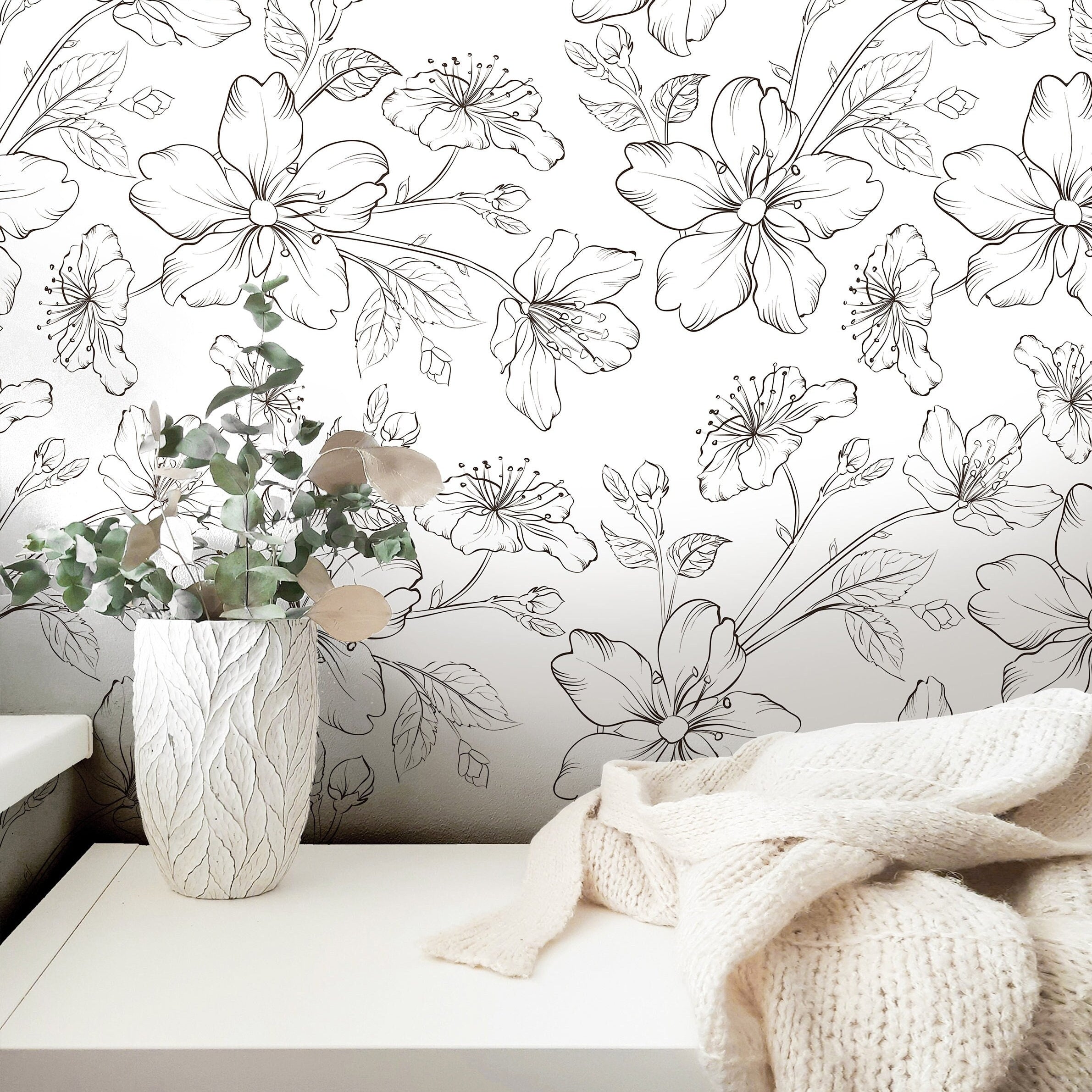 Wallpaper Peel and Stick Wallpaper Large Outline Floral Neutral White Removable Wallpaper Wall Decor Home Decor Wall Art Room Decor 3812 - JamesAndColors