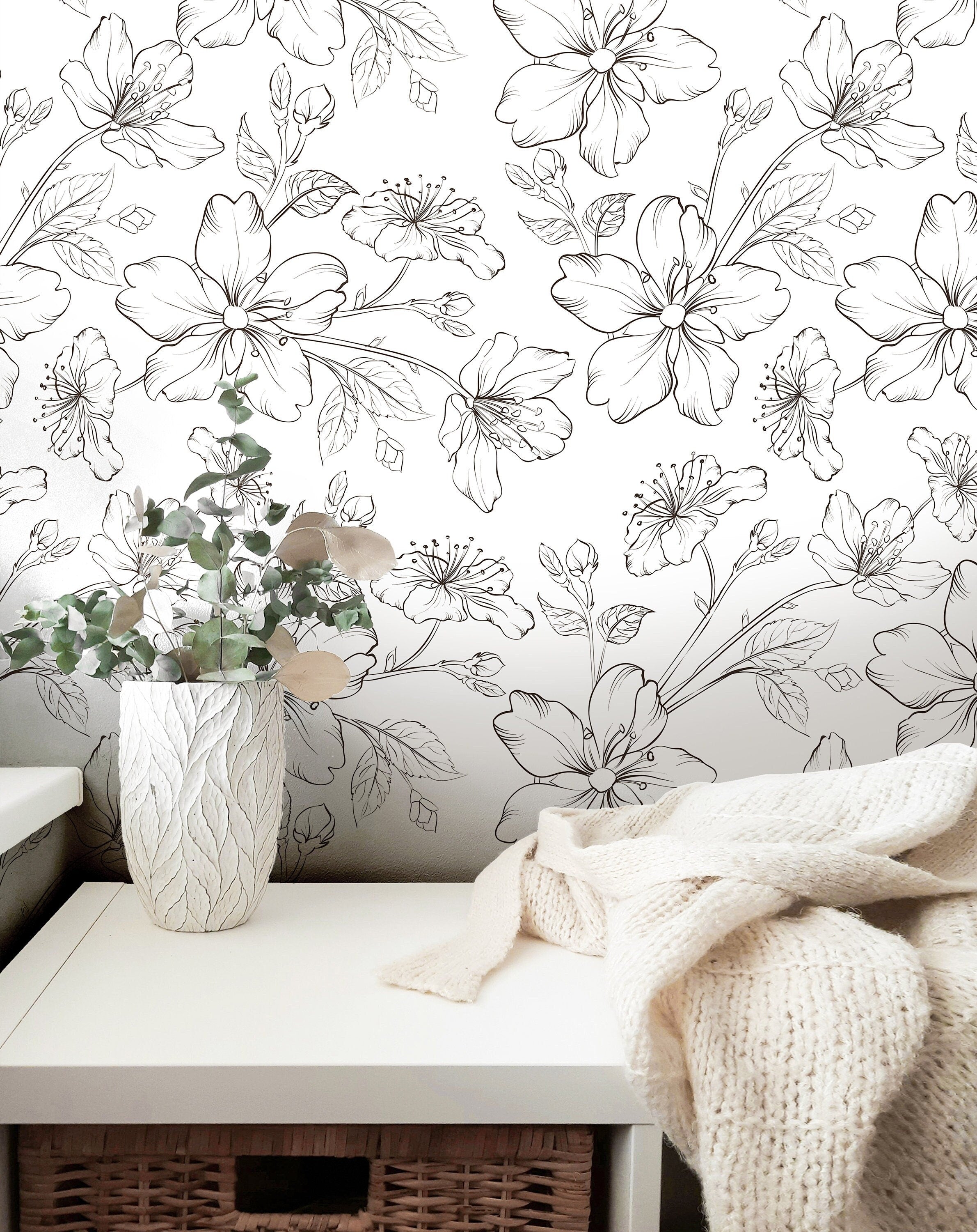 Wallpaper Peel and Stick Wallpaper Large Outline Floral Neutral White Removable Wallpaper Wall Decor Home Decor Wall Art Room Decor 3812 - JamesAndColors