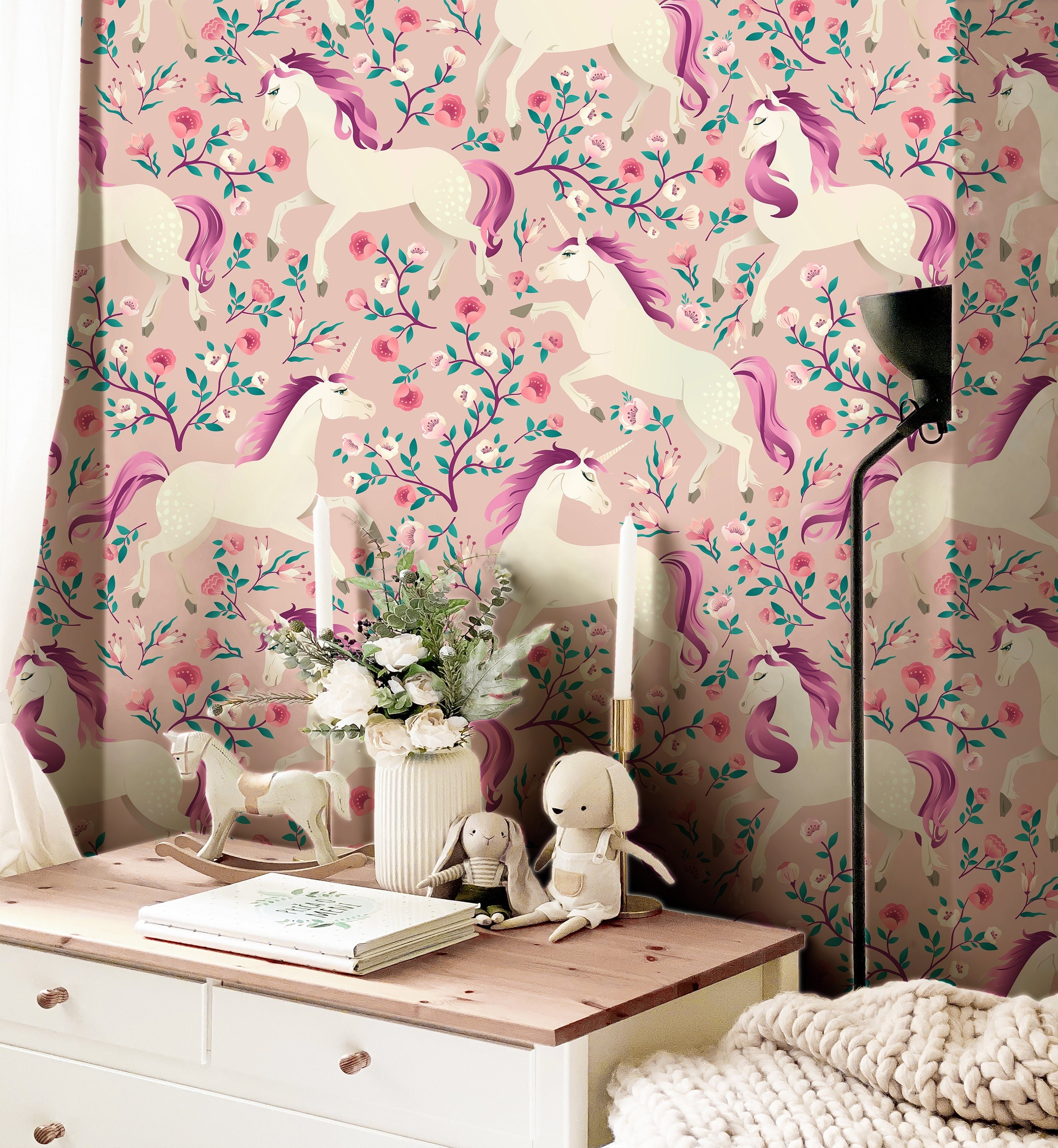 Floral Unicorn Wallpaper | Girls Nursery Wallpaper | Kids Wallpaper | Childrens Wallpaper | Peel Stick Wallpaper | Removable Wallpaper 3802 - JamesAndColors