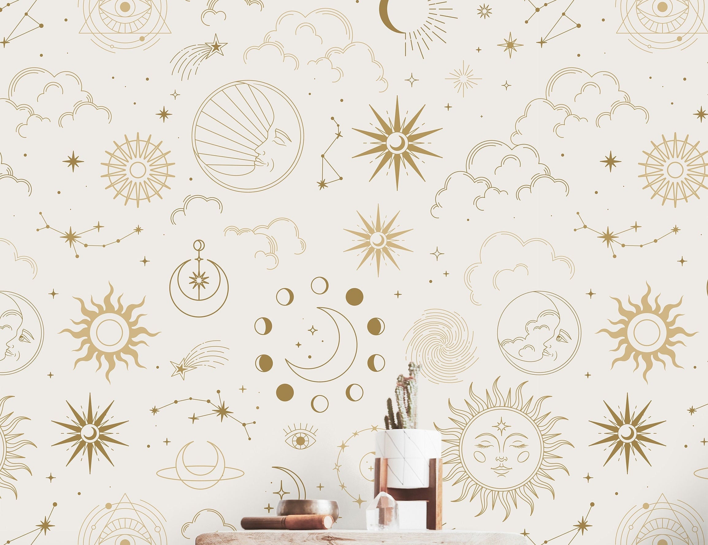 Gold Cream Sun Moon Wallpaper Peel and Stick Wallpaper Removable Wallpaper Wall Decor Home Decor Wall Art Printable Wall Art Room Decor 3787 - JamesAndColors