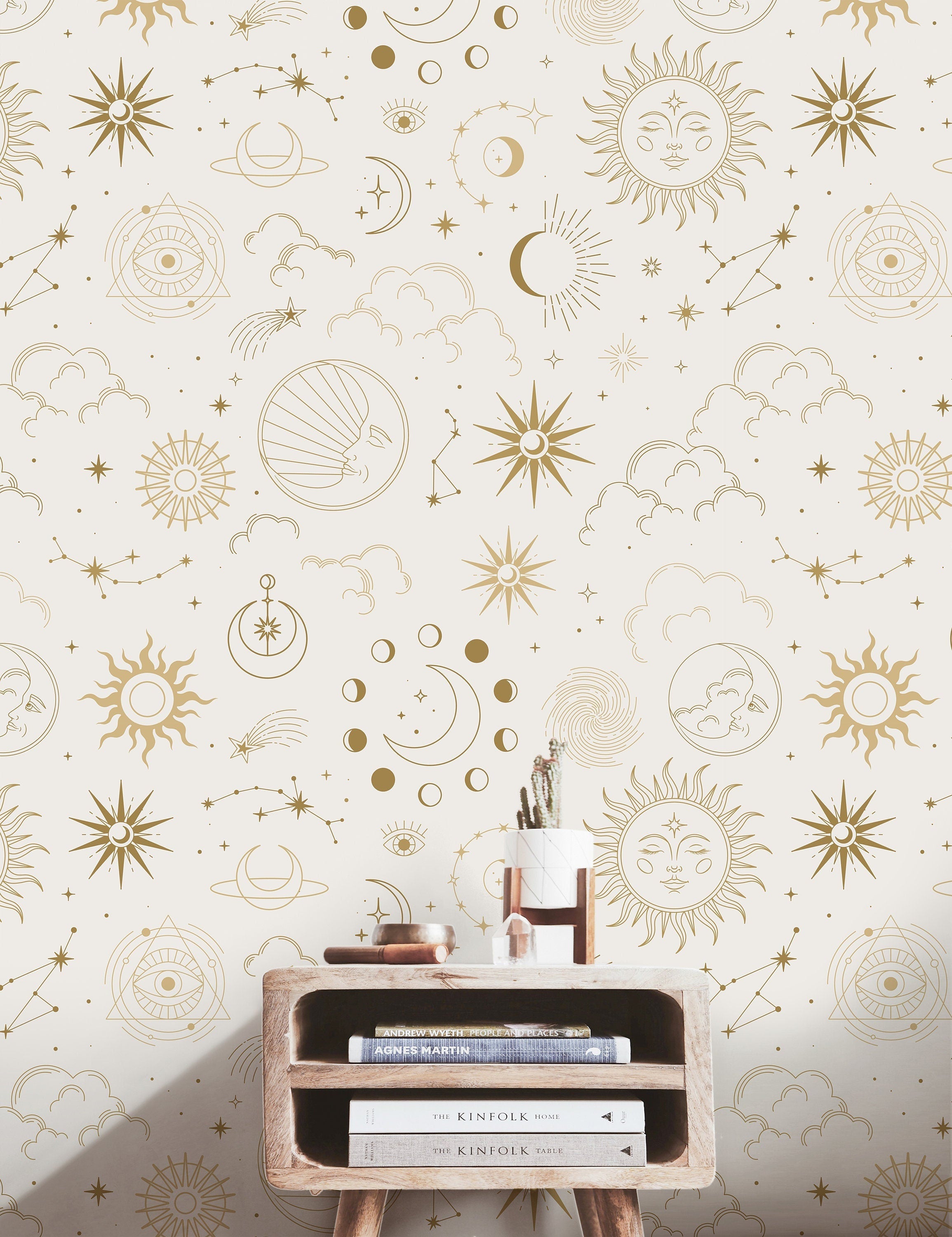 Gold Cream Sun Moon Wallpaper Peel and Stick Wallpaper Removable Wallpaper Wall Decor Home Decor Wall Art Printable Wall Art Room Decor 3787 - JamesAndColors
