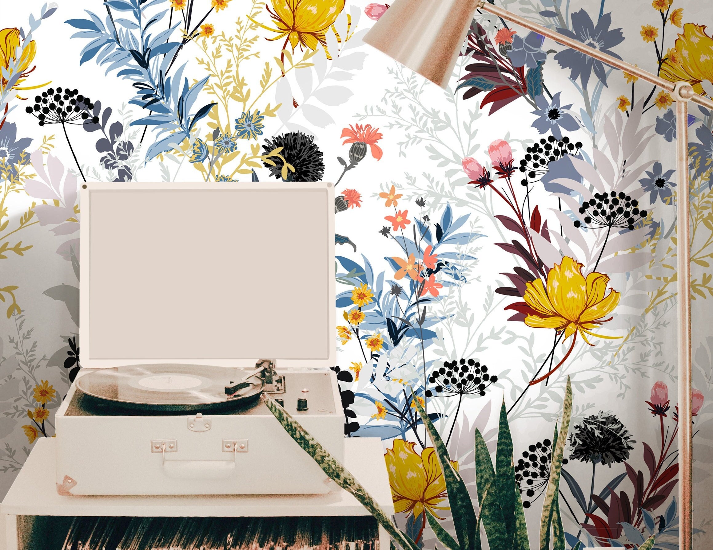Wallpaper 3778: A vibrant floral wallpaper featuring hand-painted wildflowers in shades of yellow, blue, red, and green on a soft white background, creating a bold and artistic botanical aesthetic.