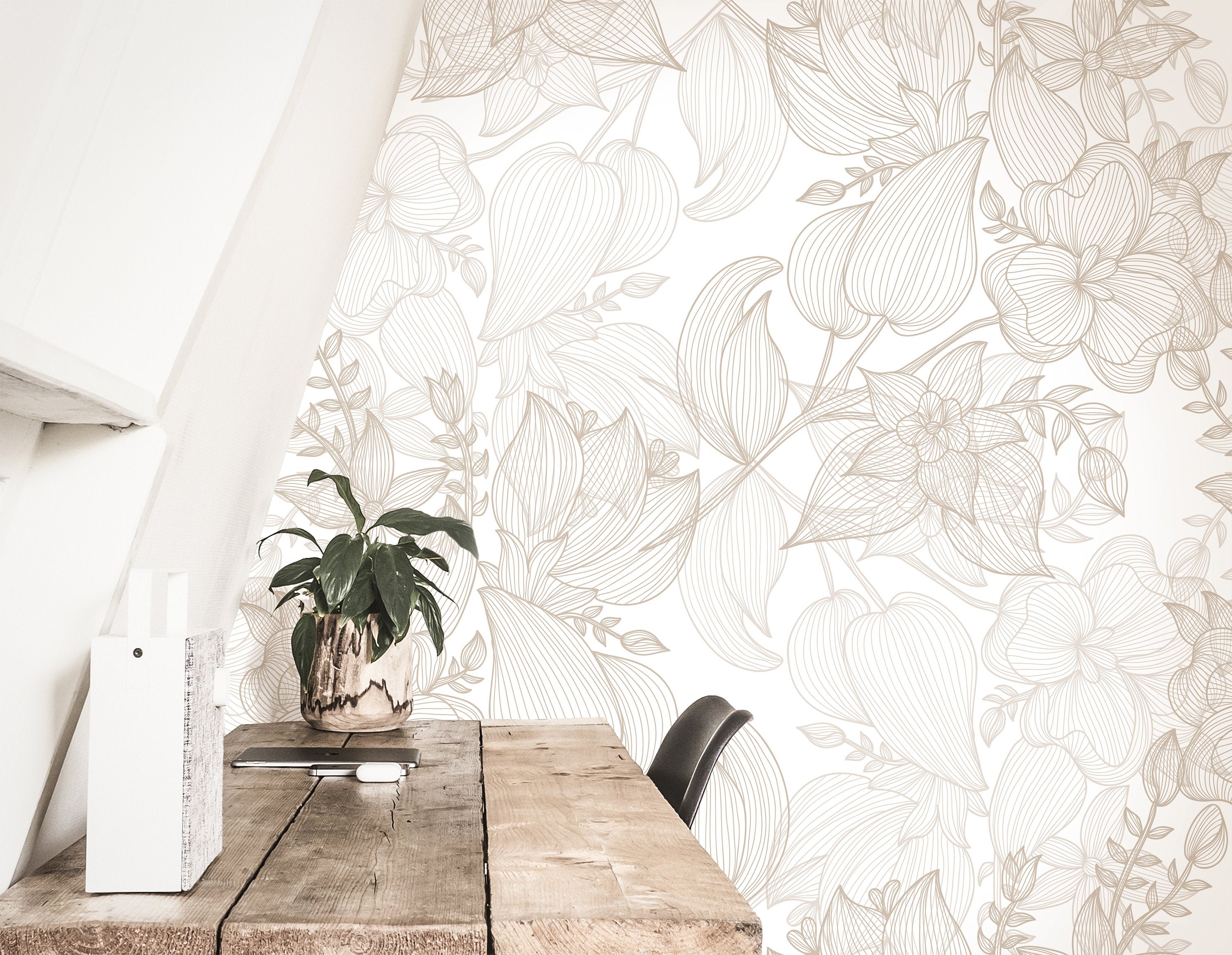 Wallpaper Peel and Stick Wallpaper Tan Cream Floral Outline Removable Wallpaper Wall Decor Home Decor Wall Art Room Decor 3872 - JamesAndColors