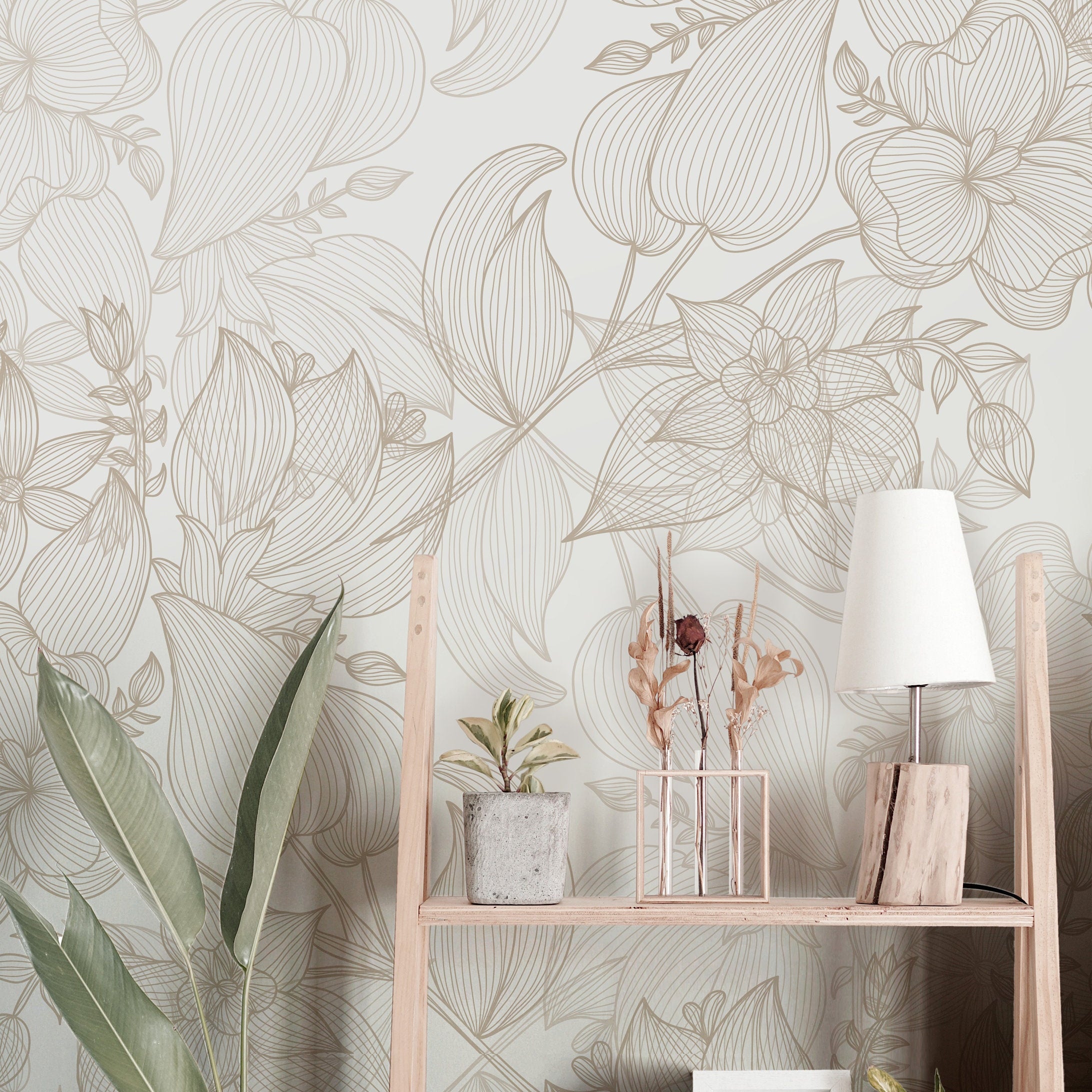 Wallpaper Peel and Stick Wallpaper Tan Cream Floral Outline Removable Wallpaper Wall Decor Home Decor Wall Art Room Decor 3872 - JamesAndColors