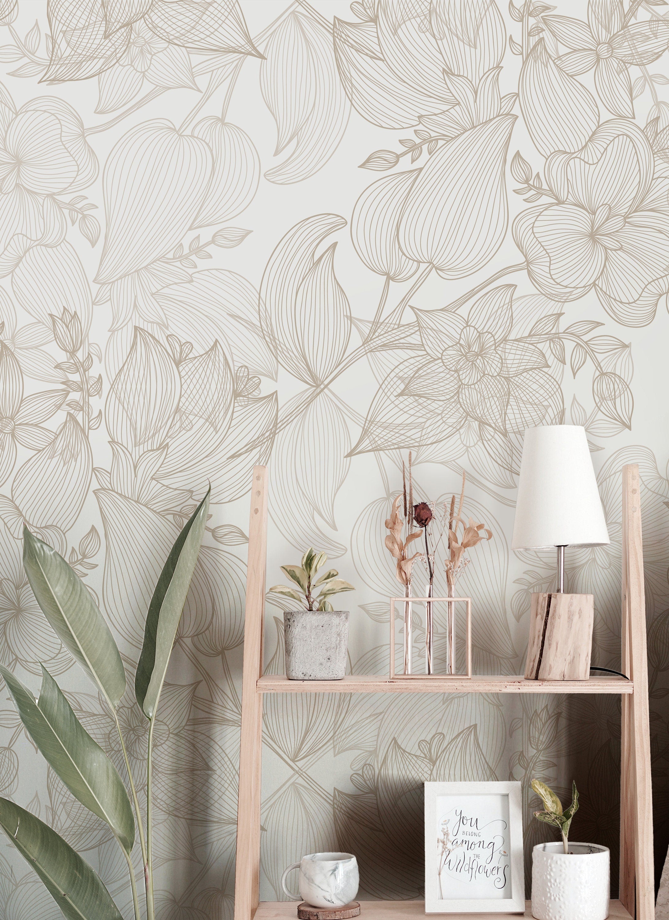 Wallpaper Peel and Stick Wallpaper Tan Cream Floral Outline Removable Wallpaper Wall Decor Home Decor Wall Art Room Decor 3872 - JamesAndColors