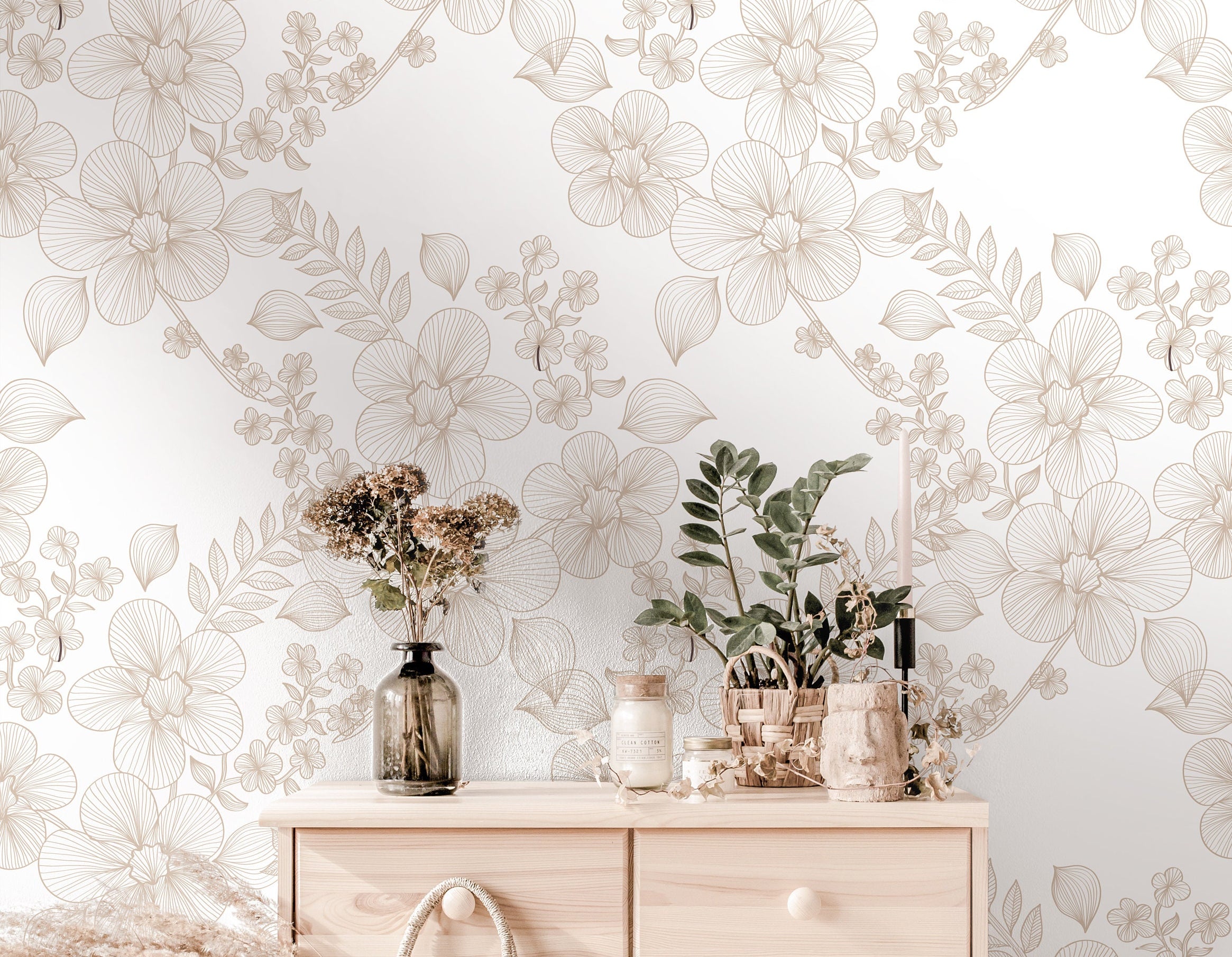 Wallpaper Peel and Stick Wallpaper Tan Cream Floral Outline Removable Wallpaper Wall Decor Home Decor Wall Art Room Decor 3873 - JamesAndColors