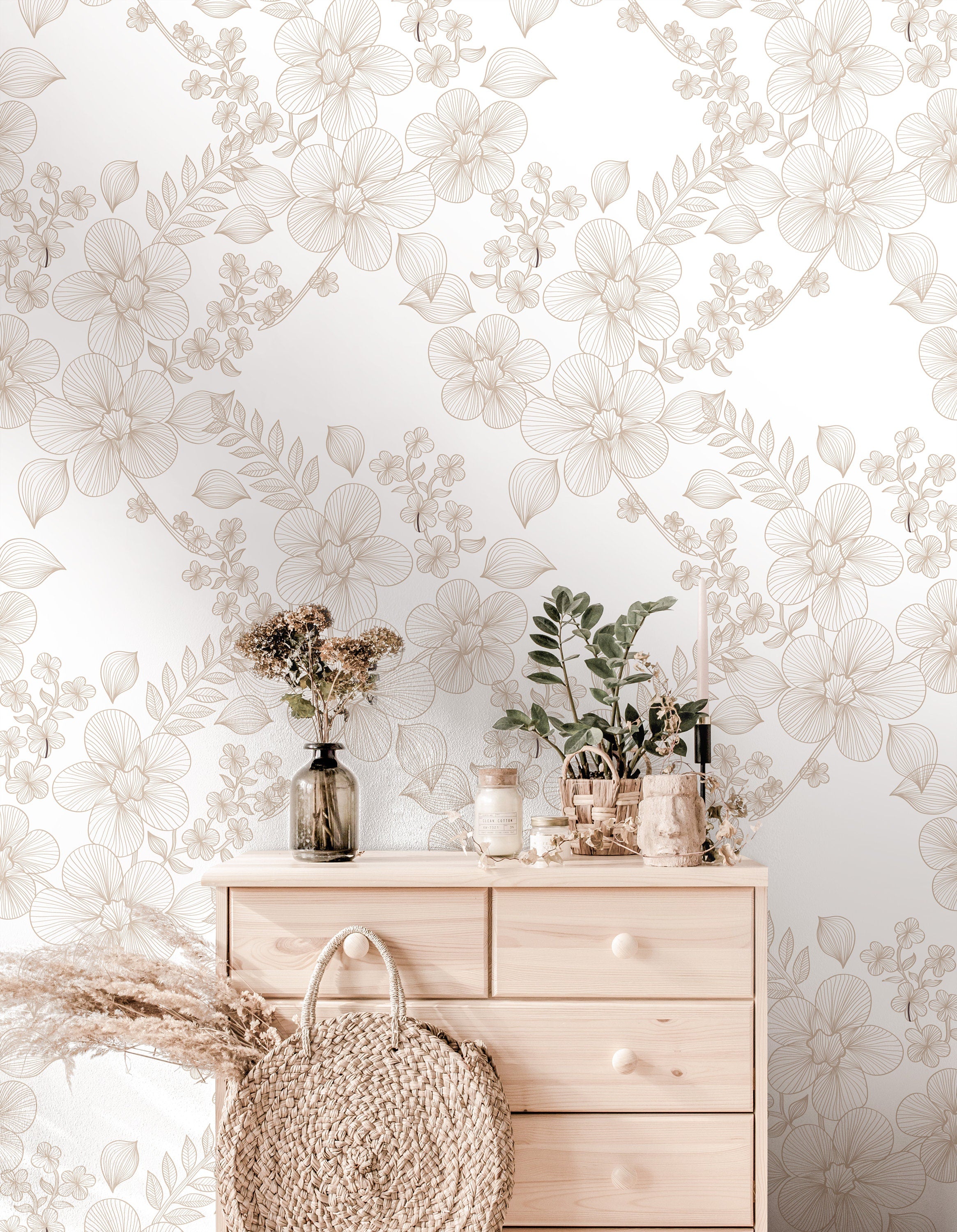 Wallpaper Peel and Stick Wallpaper Tan Cream Floral Outline Removable Wallpaper Wall Decor Home Decor Wall Art Room Decor 3873 - JamesAndColors