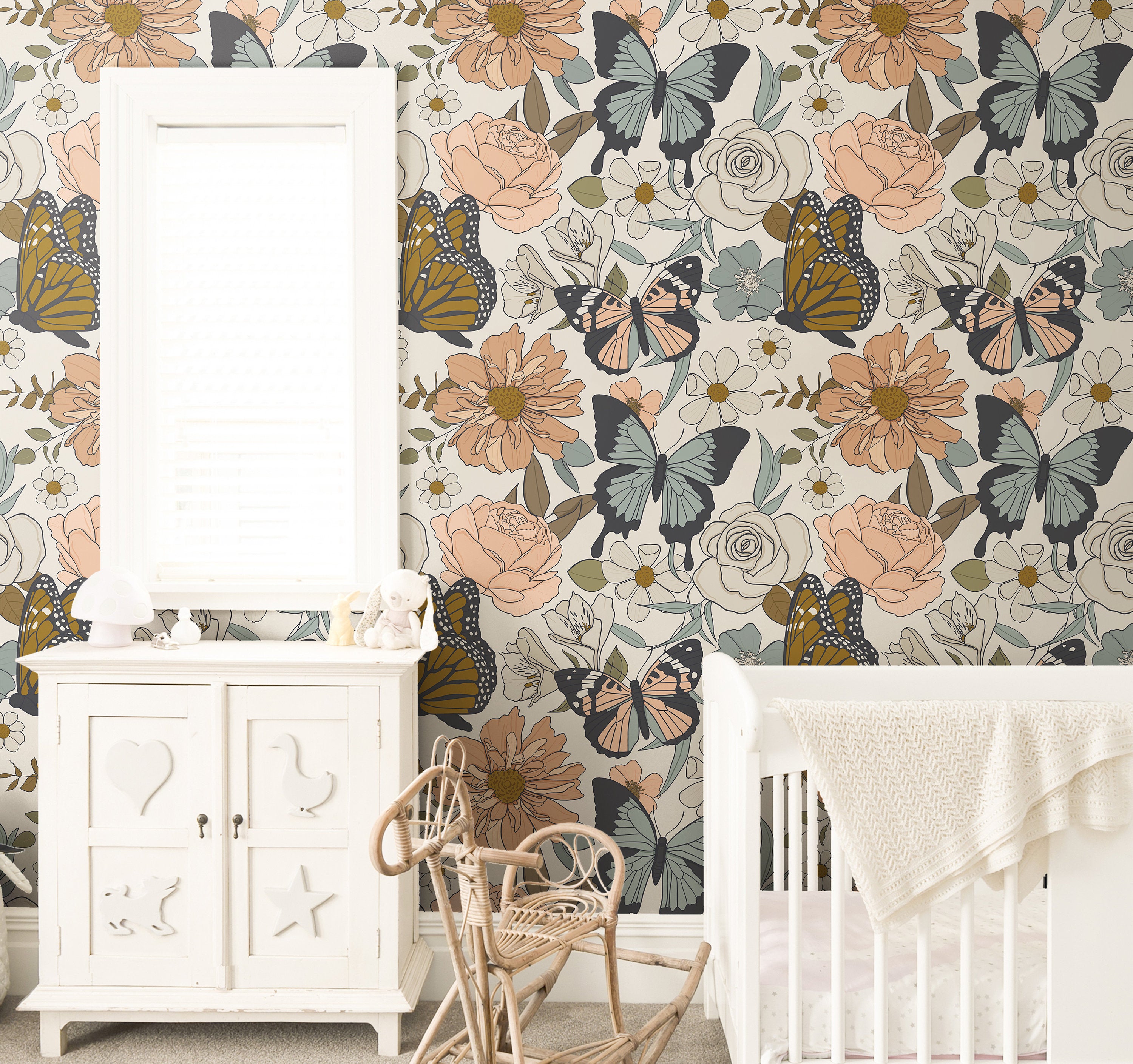 Floral Butterfly Boho Wallpaper | Girls Nursery Wallpaper | Kids Wallpaper | Childrens Wallpaper | Peel Stick Removable Wallpaper | 3838 - JamesAndColors