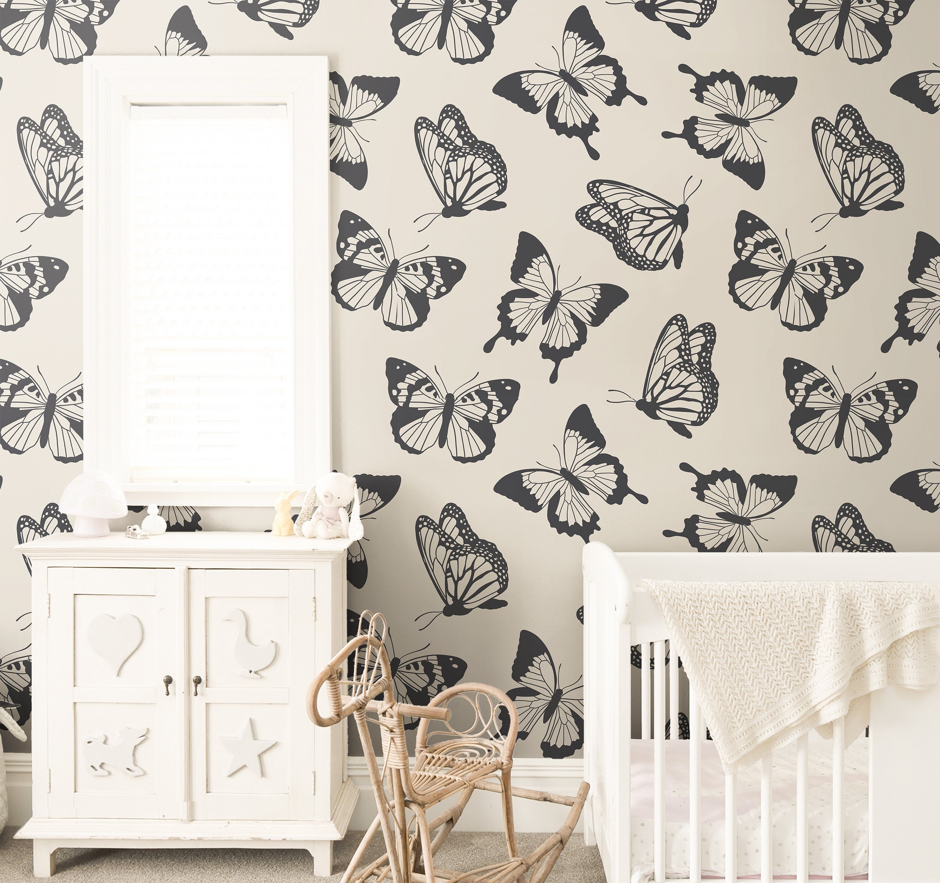Butterfly Cream Black Wallpaper | Girls Nursery Wallpaper | Kids Wallpaper | Childrens Wallpaper | Peel Stick Removable Wallpaper | 3839 - JamesAndColors