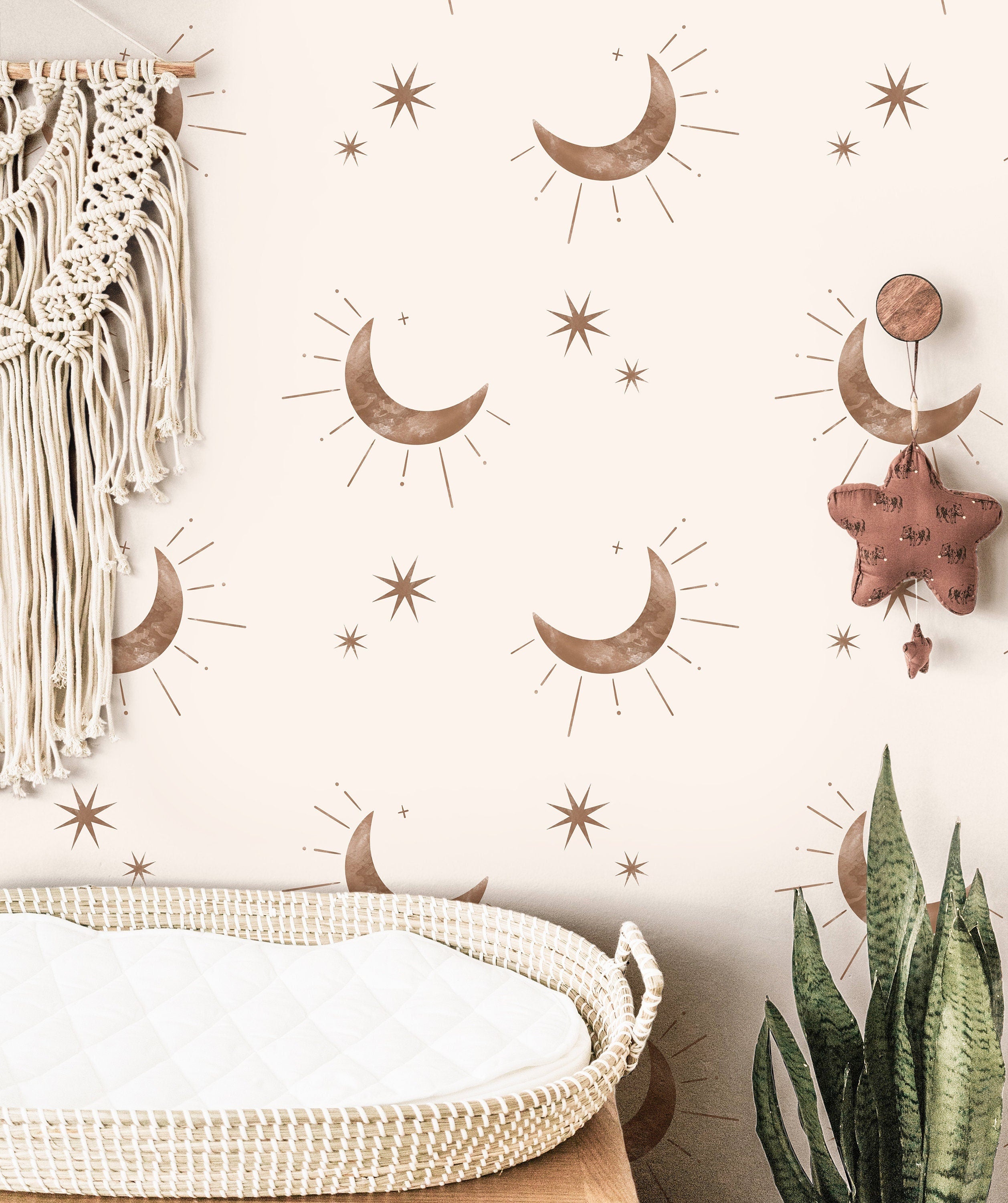 Moon and Stars Boho Wallpaper | Girls Nursery Wallpaper | Kids Wallpaper | Childrens Wallpaper | Peel Stick Removable Wallpaper | 3844 - JamesAndColors