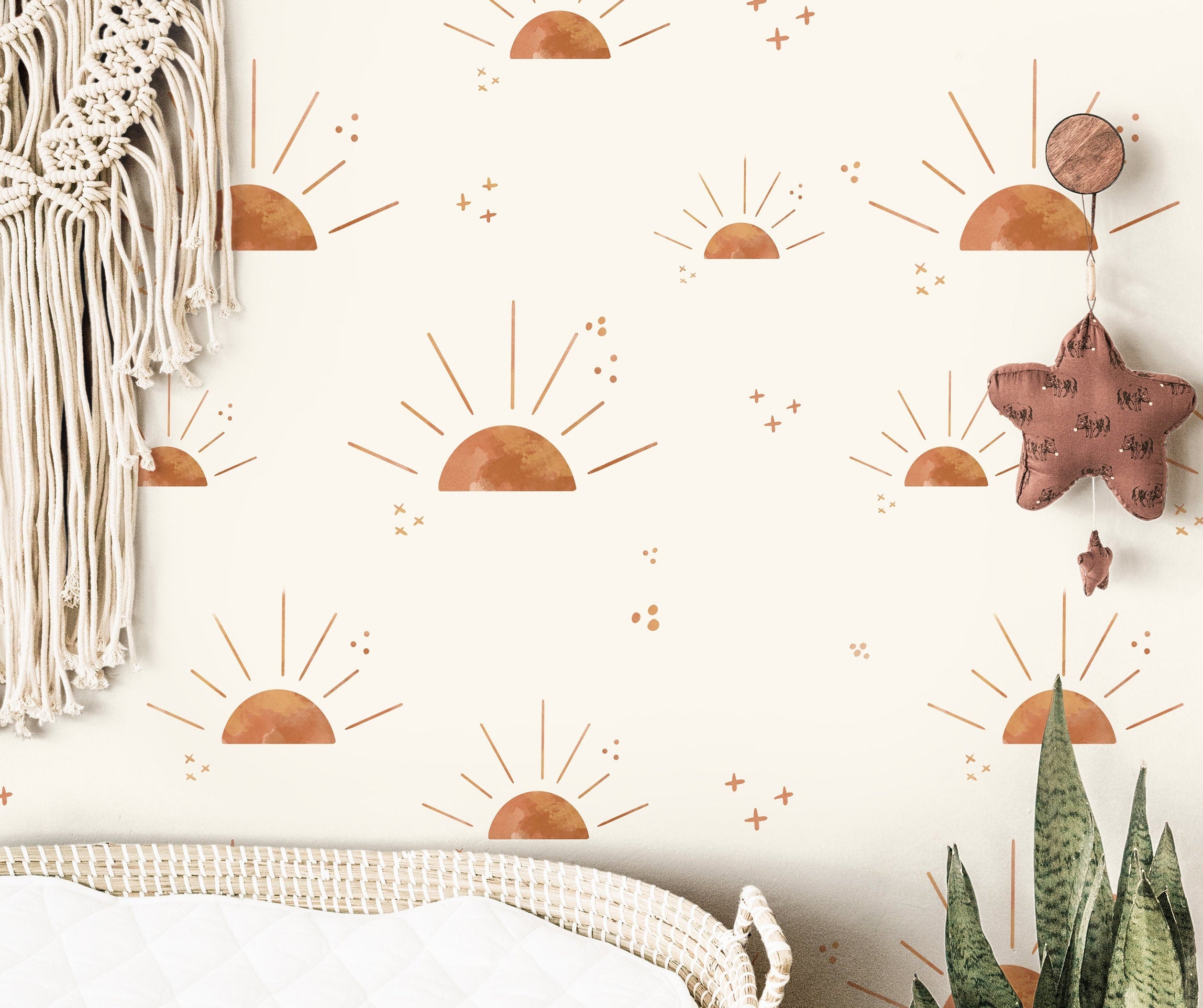 Golden Sun and Stars Boho Wallpaper | Girls Nursery Wallpaper | Kids Wallpaper | Childrens Wallpaper | Peel Stick Removable Wallpaper | 3845 - JamesAndColors