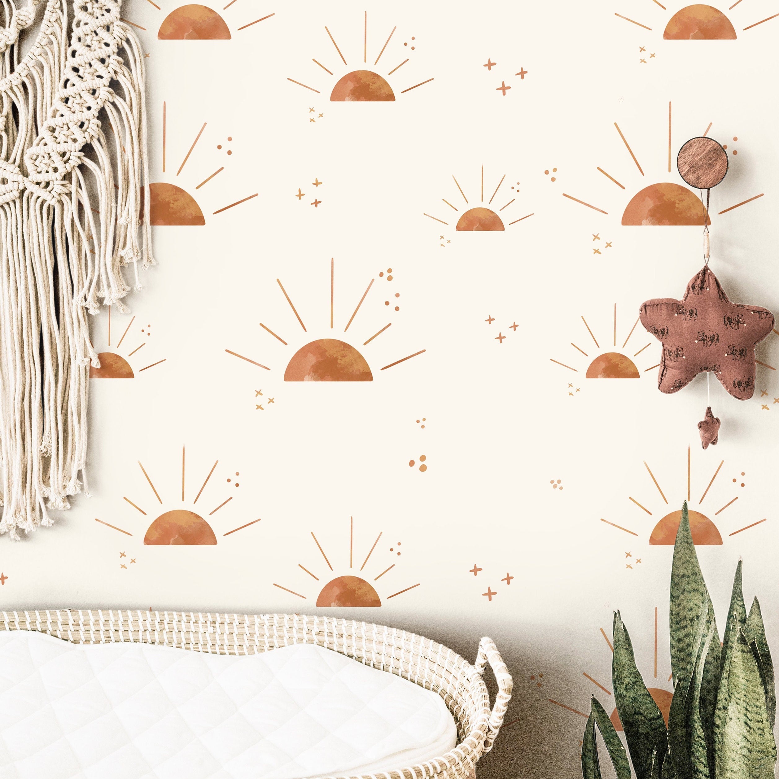 Golden Sun and Stars Boho Wallpaper | Girls Nursery Wallpaper | Kids Wallpaper | Childrens Wallpaper | Peel Stick Removable Wallpaper | 3845 - JamesAndColors