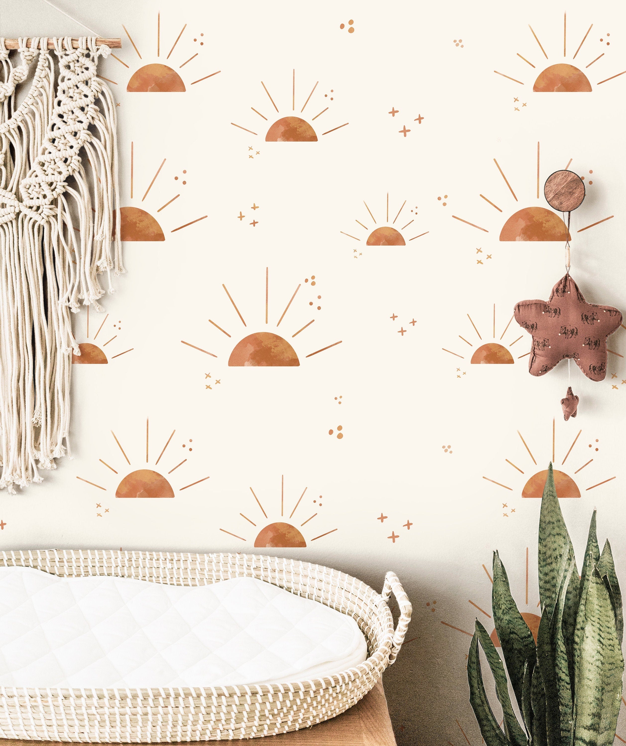 Golden Sun and Stars Boho Wallpaper | Girls Nursery Wallpaper | Kids Wallpaper | Childrens Wallpaper | Peel Stick Removable Wallpaper | 3845 - JamesAndColors