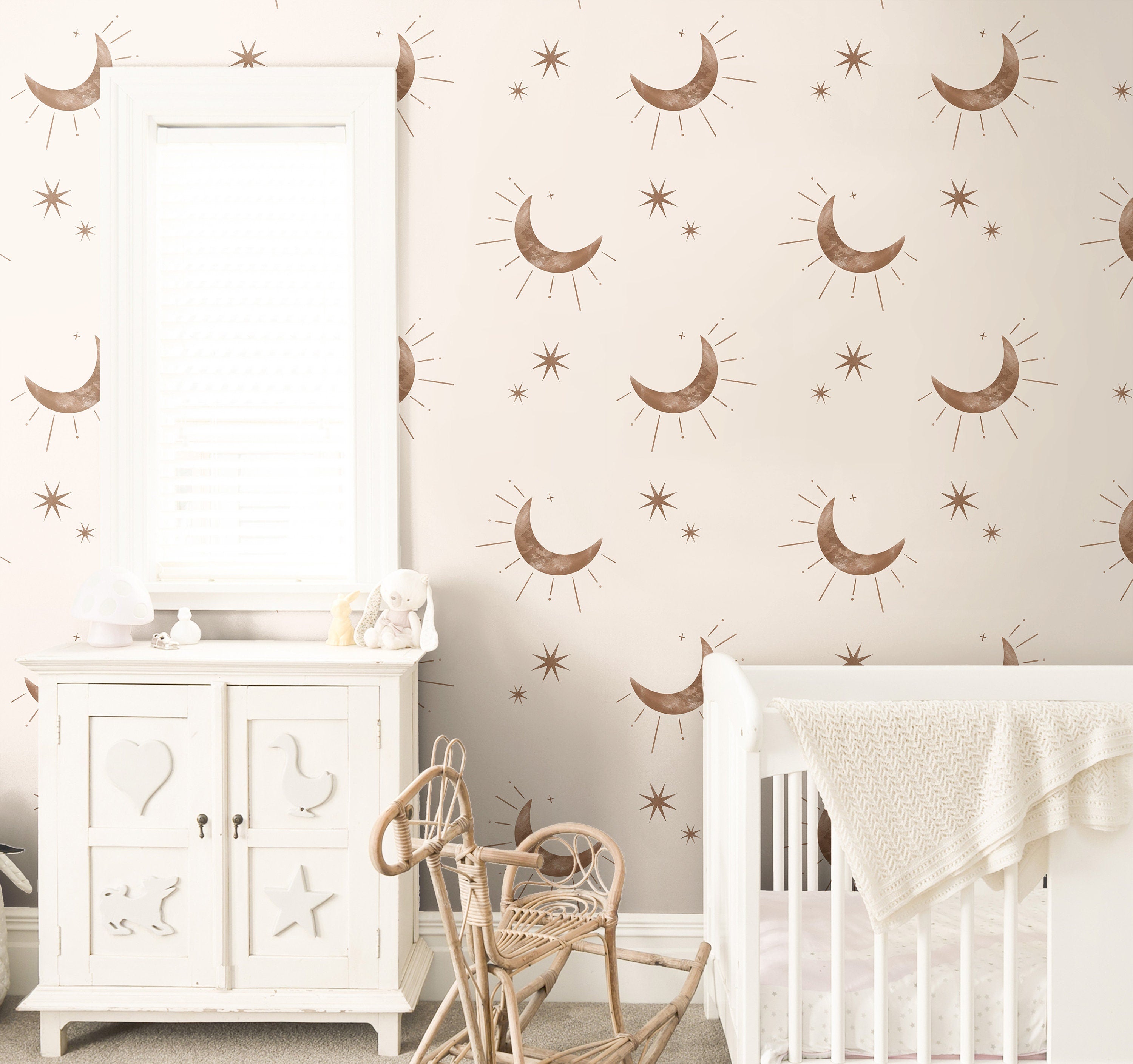 Moon and Stars Boho Wallpaper | Girls Nursery Wallpaper | Kids Wallpaper | Childrens Wallpaper | Peel Stick Removable Wallpaper | 3844 - JamesAndColors