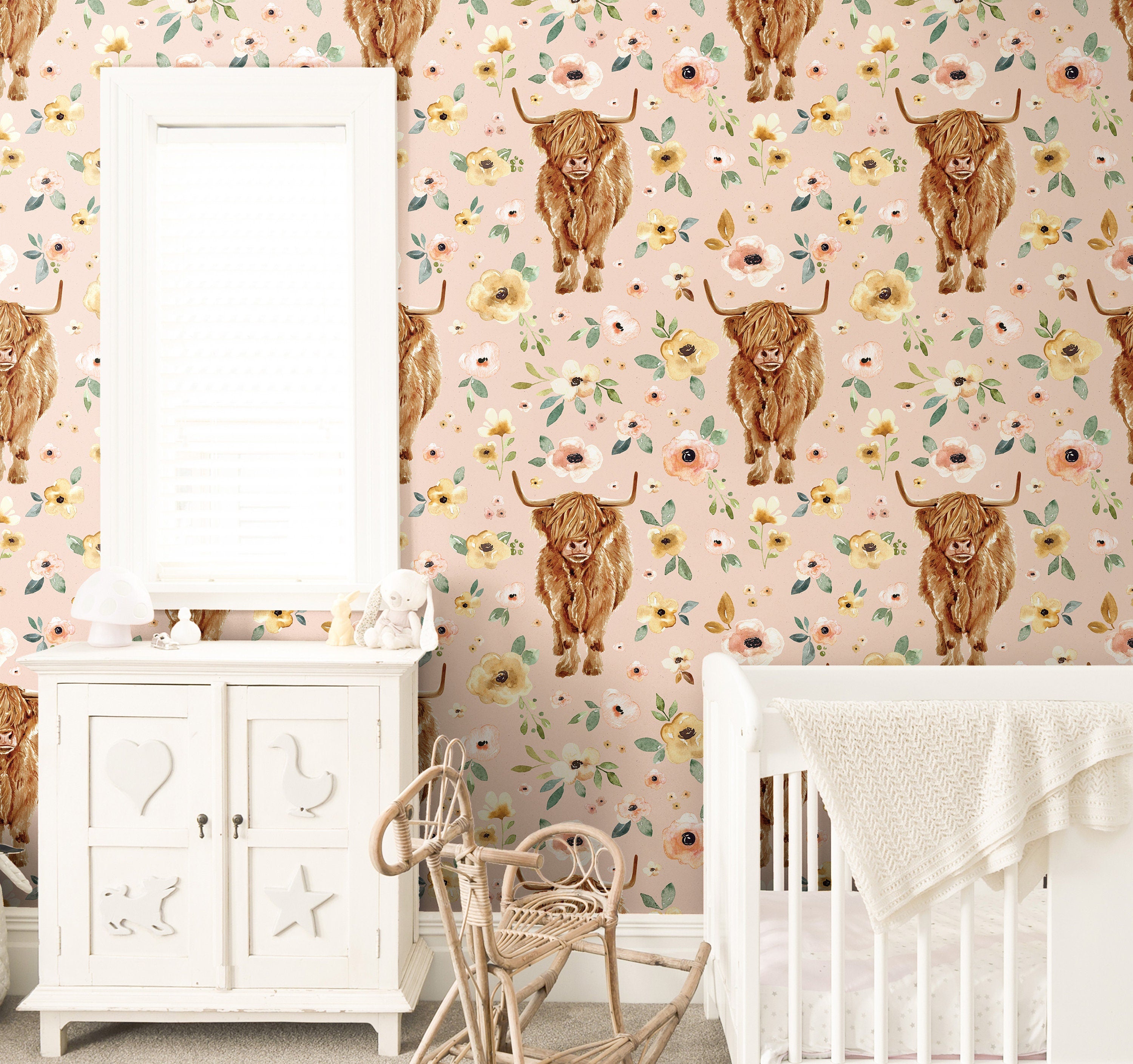 Highland Cow Floral Girls Wallpaper | Girls Nursery Wallpaper | Kids Wallpaper | Childrens Wallpaper | Peel Stick Removable Wallpaper | 3843 - JamesAndColors