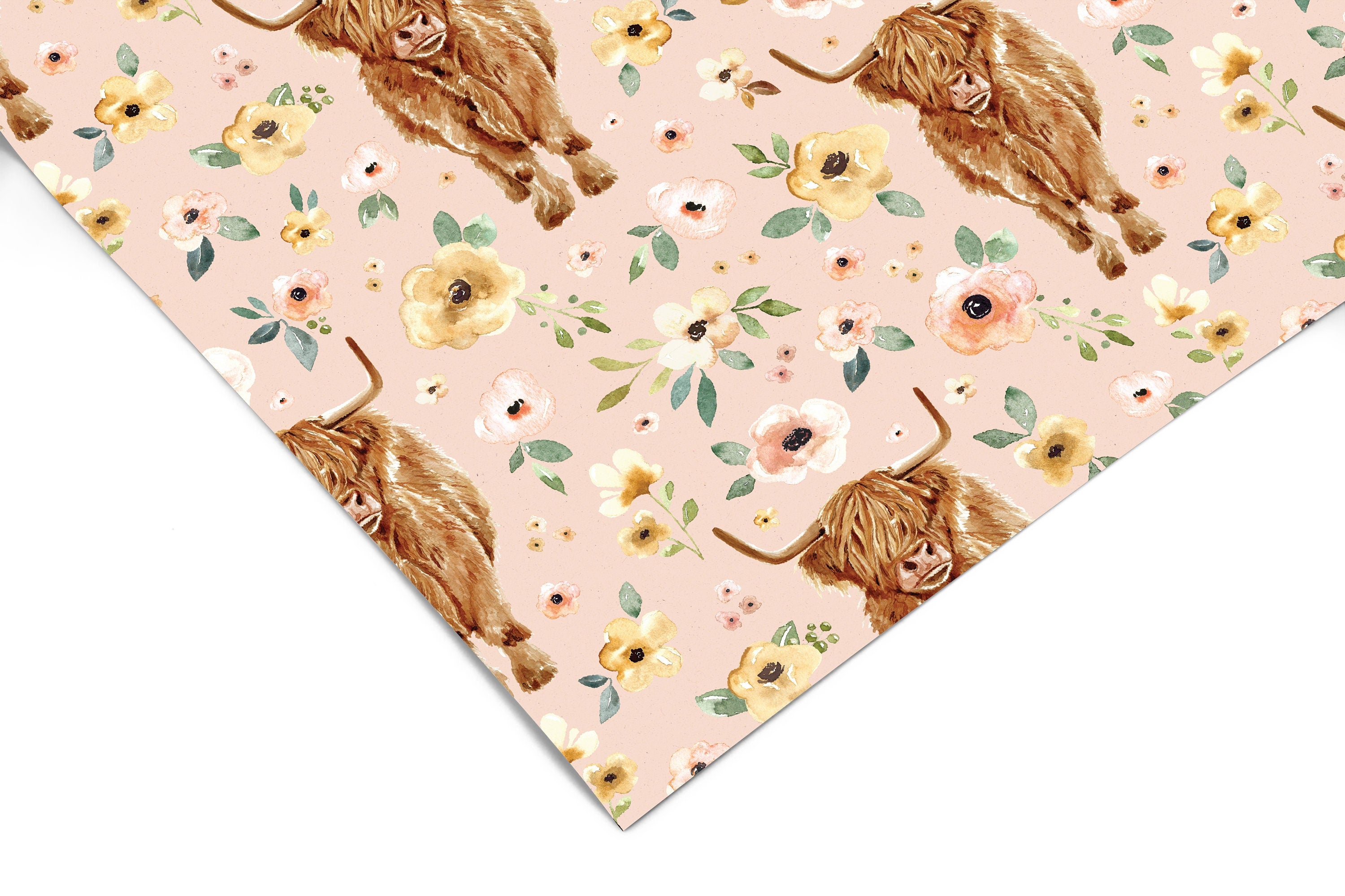 Highland Cow Floral Girls Wallpaper | Girls Nursery Wallpaper | Kids Wallpaper | Childrens Wallpaper | Peel Stick Removable Wallpaper | 3843 - JamesAndColors