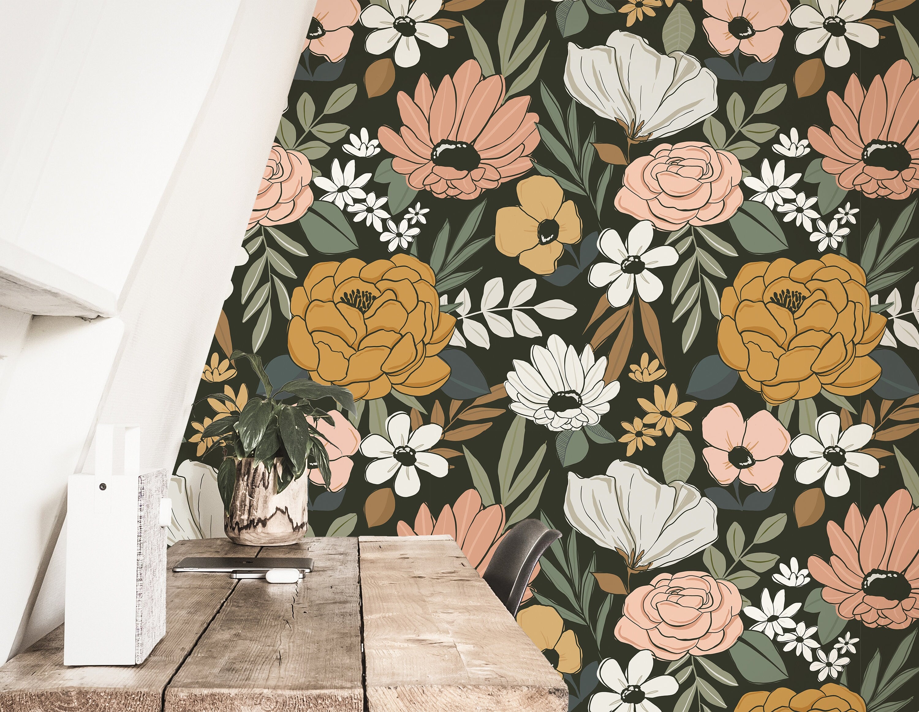 Wallpaper Peel and Stick Wallpaper Vintage Dark Floral Removable Wallpaper Wall Decor Home Decor Wall Art Room Decor 3848 - JamesAndColors