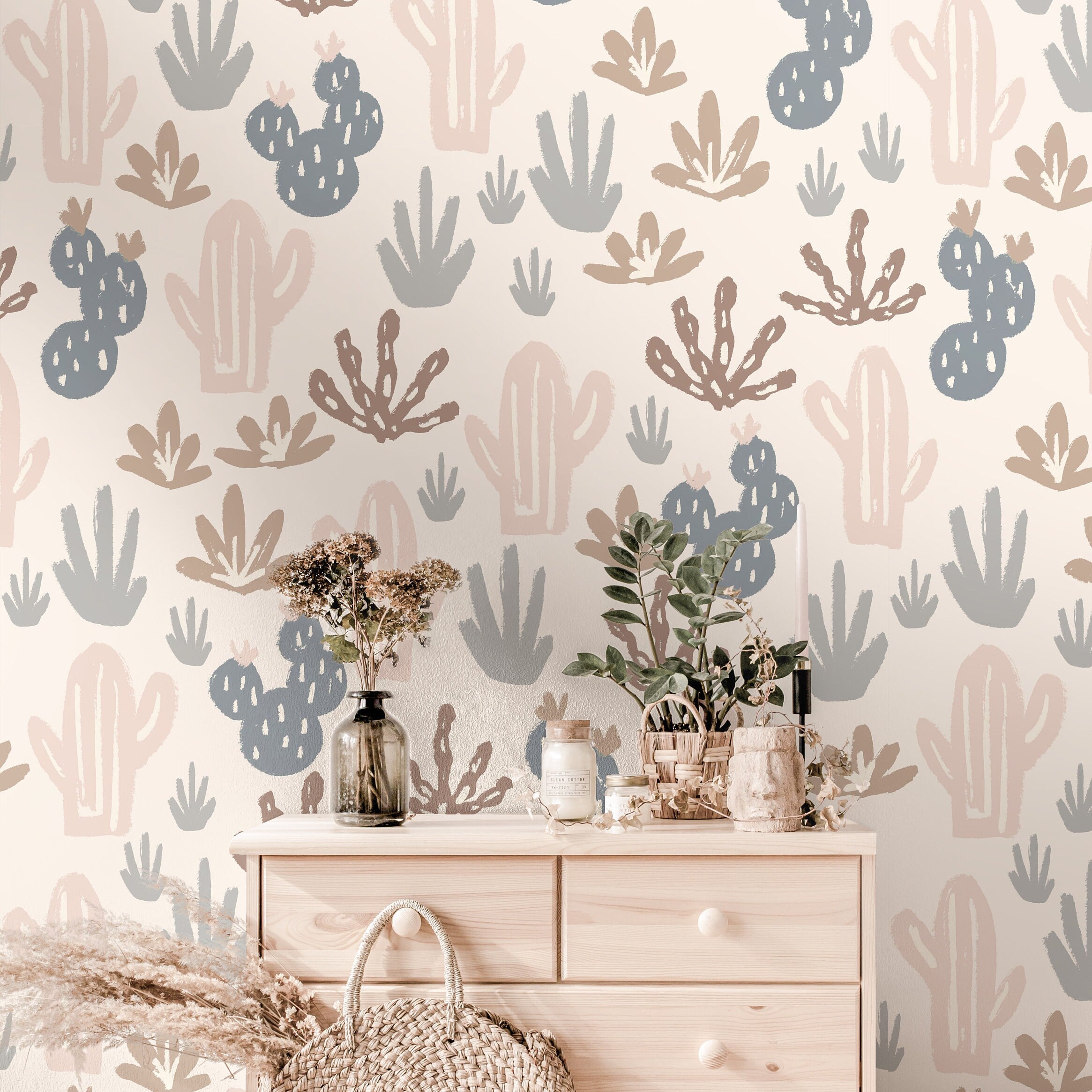 Muted Boho Cactus Wallpaper Peel and Stick Wallpaper Removable Wallpaper Wall Decor Home Decor Wall Art Printable Wall Art Room Decor 3856 - JamesAndColors