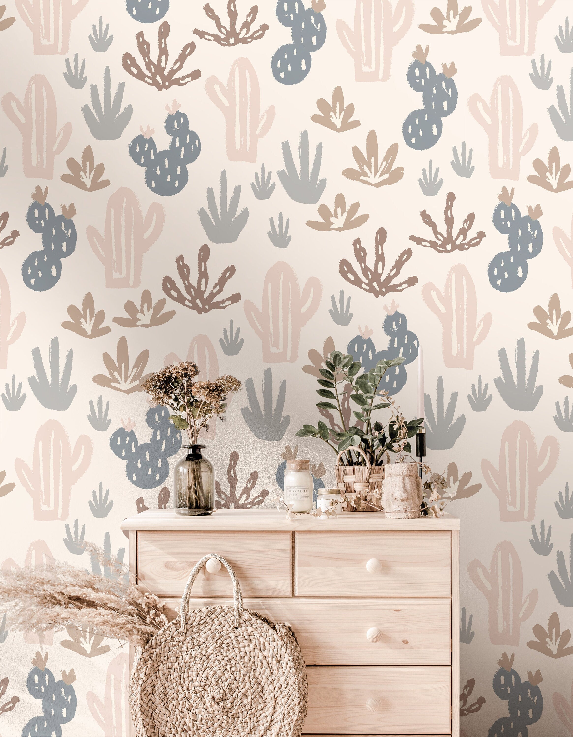 Muted Boho Cactus Wallpaper Peel and Stick Wallpaper Removable Wallpaper Wall Decor Home Decor Wall Art Printable Wall Art Room Decor 3856 - JamesAndColors