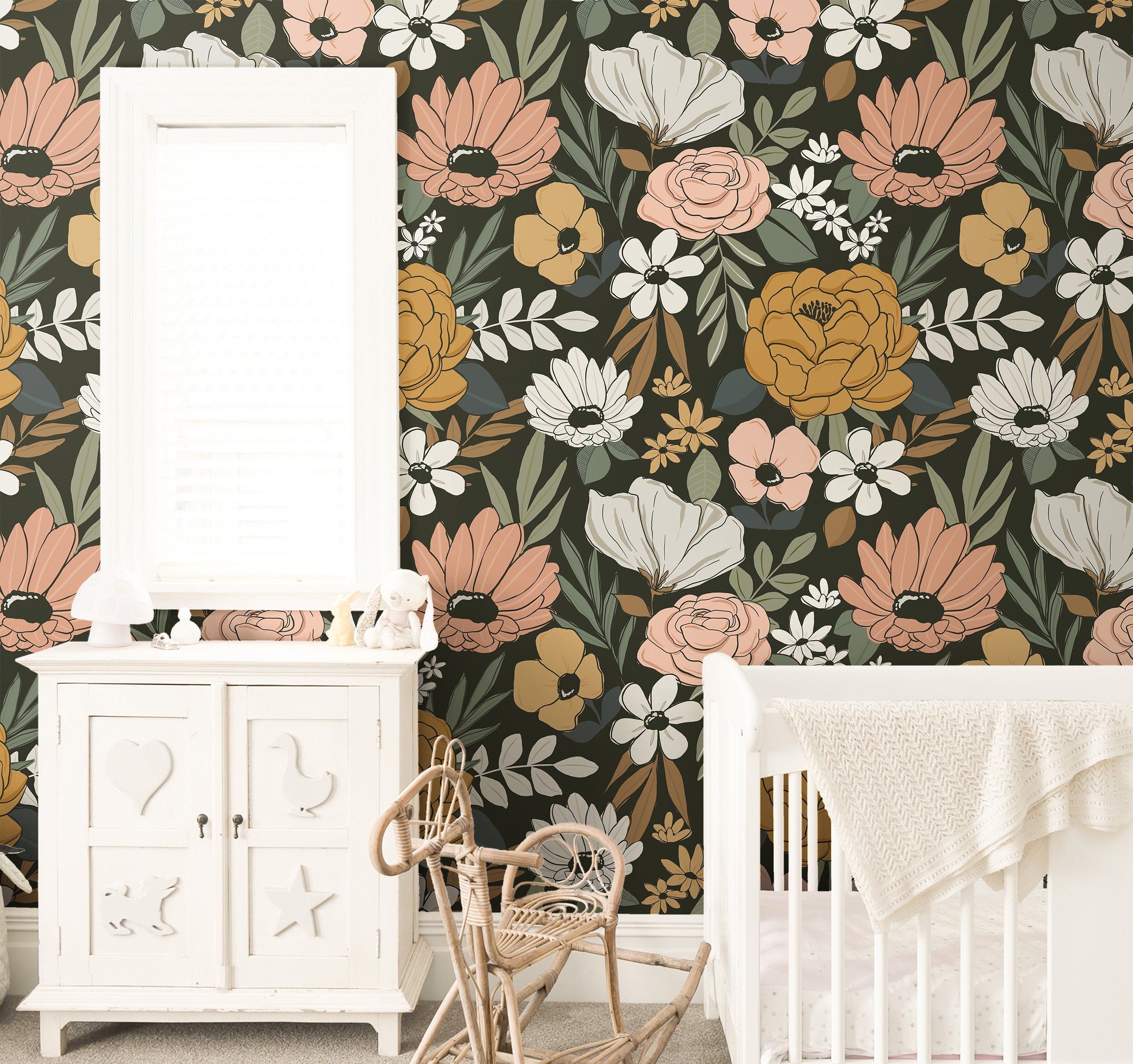 Vintage Dark Floral Girls Wallpaper | Girls Nursery Wallpaper | Kids Wallpaper | Childrens Wallpaper | Peel Stick Removable Wallpaper | 3854 - JamesAndColors