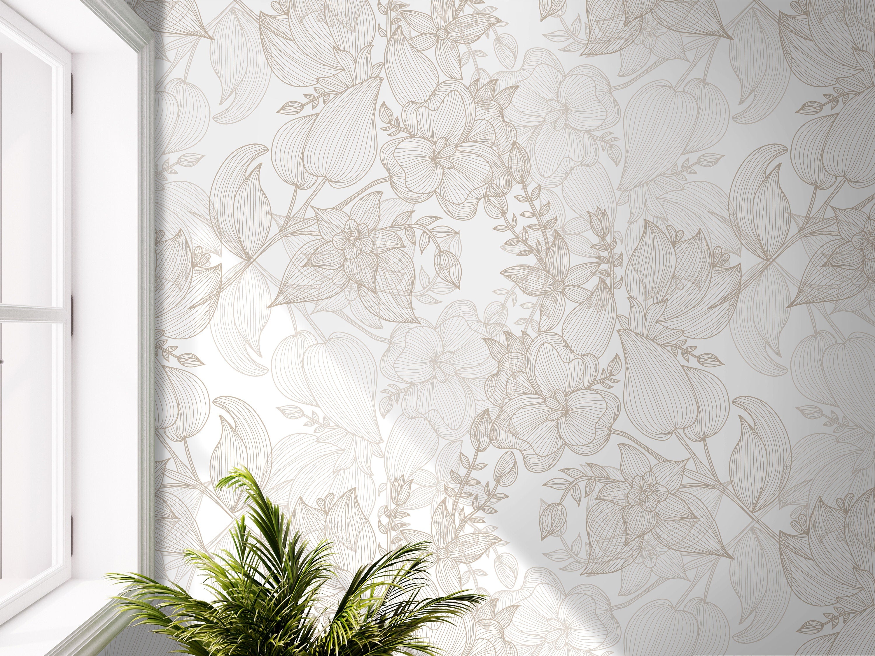 Wallpaper 3872: A sophisticated floral wallpaper featuring fine-line botanical sketches in soft beige hues, creating a timeless and elegant look for any modern space.