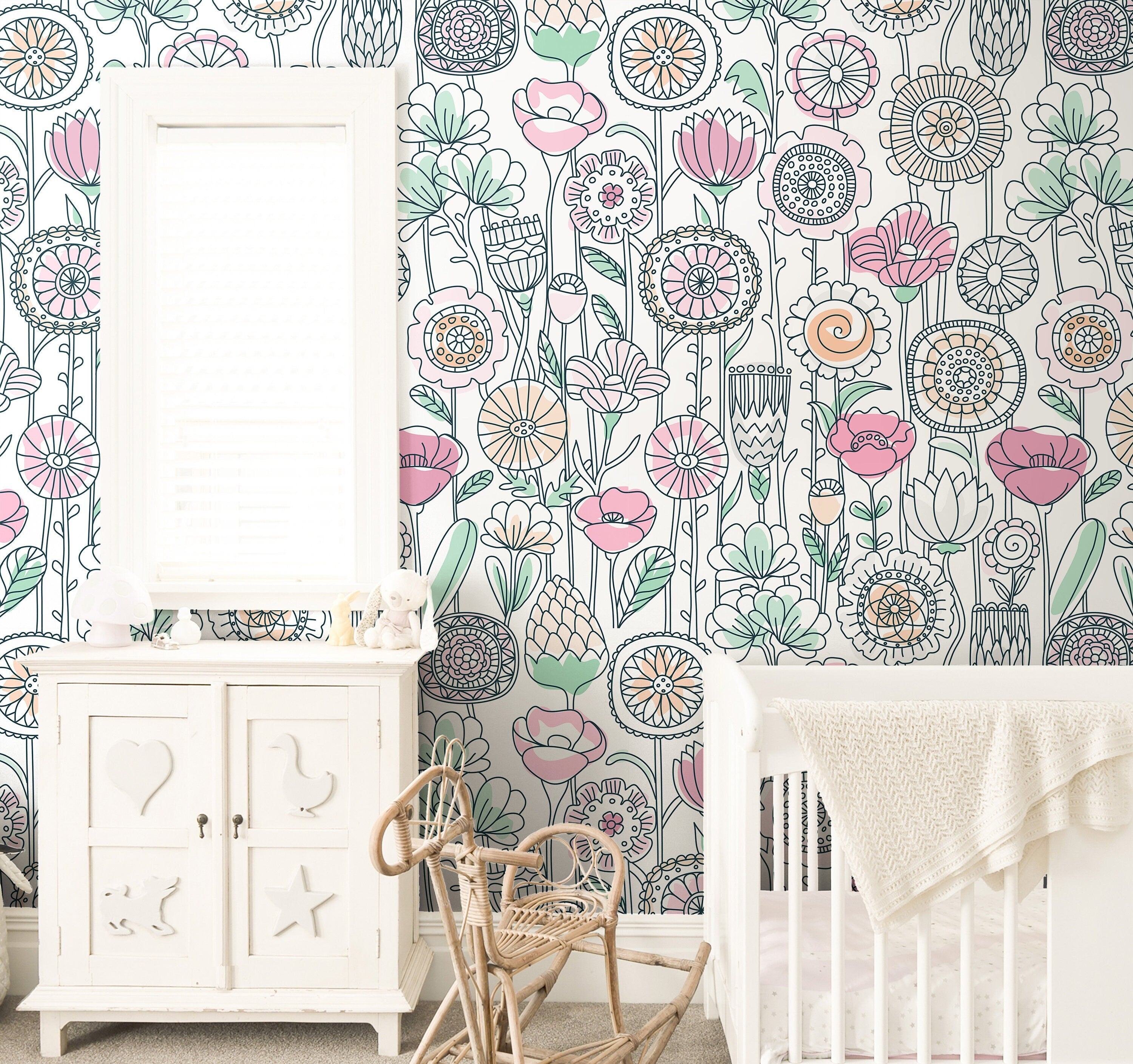 Wildflowers Wallpaper | Girls Nursery Wallpaper | Kids Wallpaper | Childrens Wallpaper | Peel Stick Wallpaper | Removable Wallpaper | 3862 - JamesAndColors