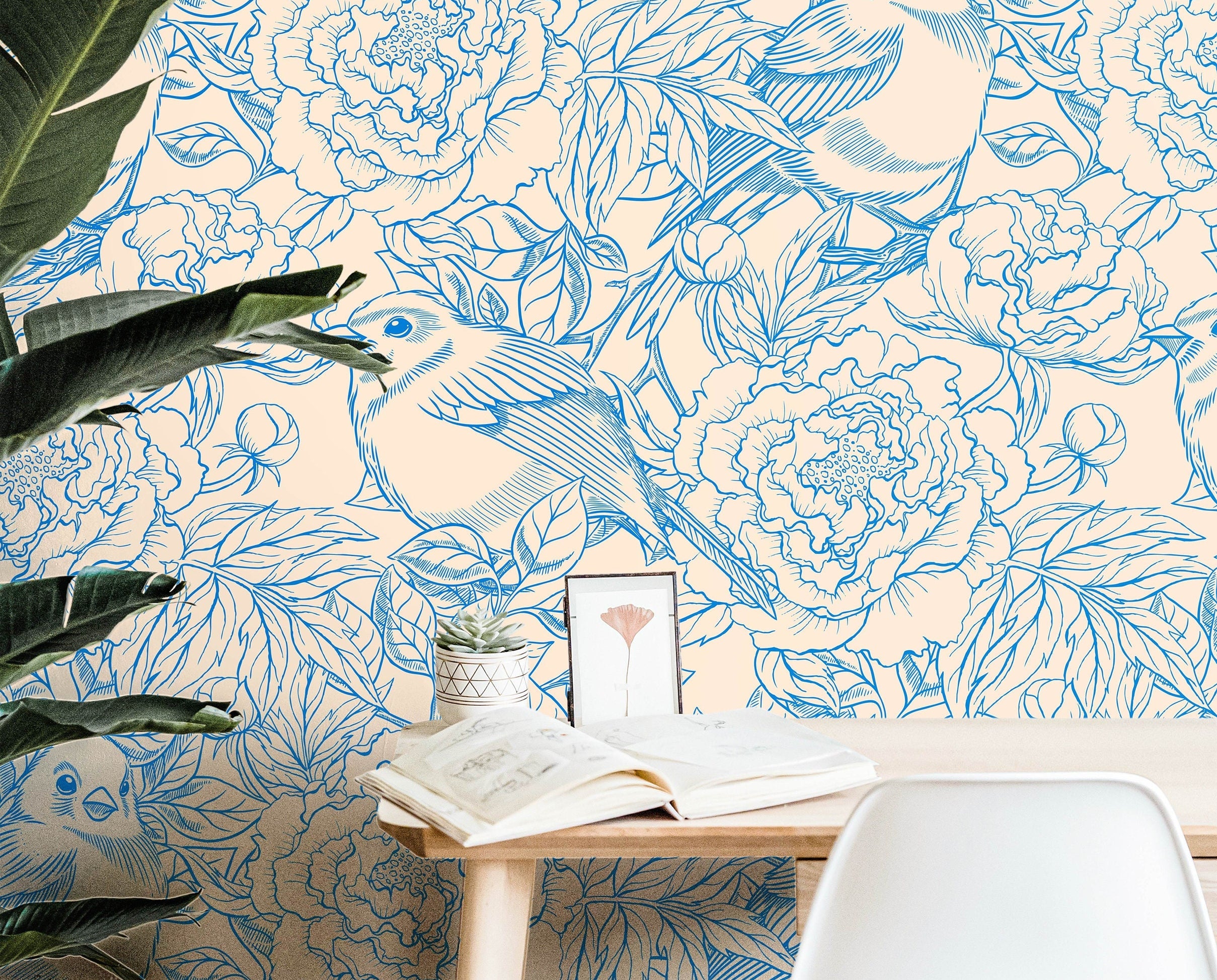 Wallpaper Peel and Stick Wallpaper Blue Floral Birds Cream Background Removable Wallpaper Wall Decor Home Decor Wall Art Room Decor 3885 - JamesAndColors