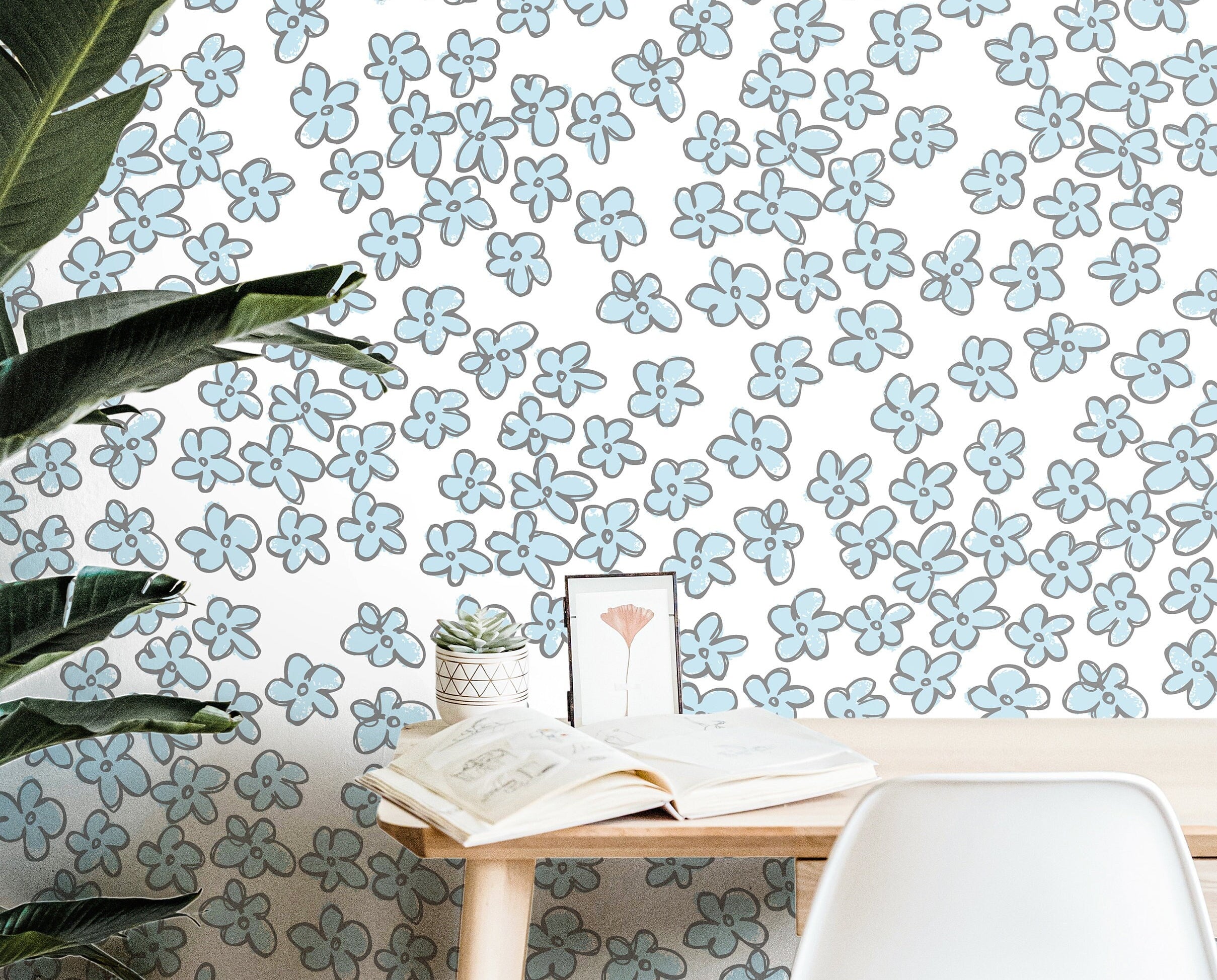 Wallpaper Peel and Stick Wallpaper Little Blue Flowers White Light Blue Removable Wallpaper Wall Decor Home Decor Wall Art Room Decor 3882 - JamesAndColors