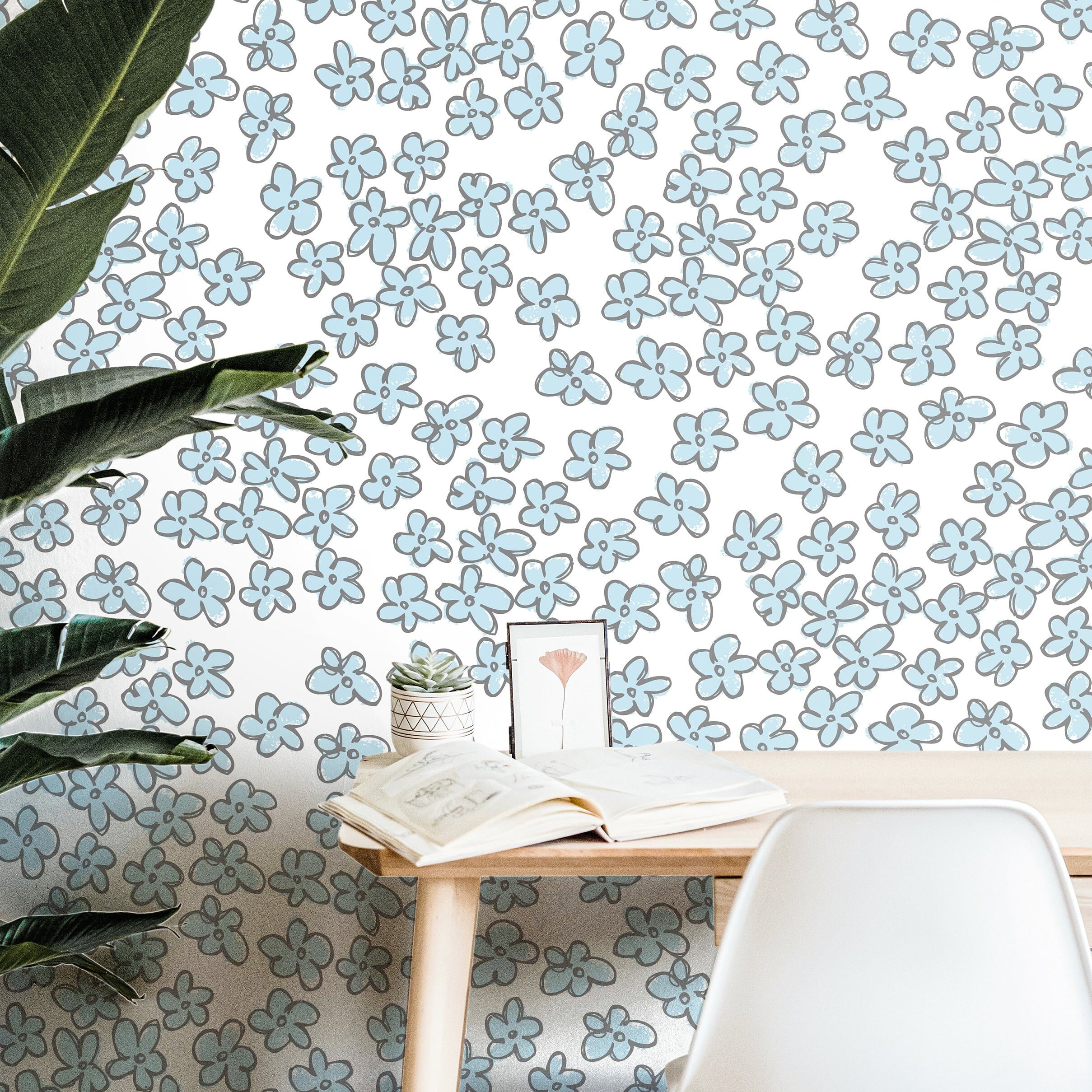 Wallpaper Peel and Stick Wallpaper Little Blue Flowers White Light Blue Removable Wallpaper Wall Decor Home Decor Wall Art Room Decor 3882 - JamesAndColors