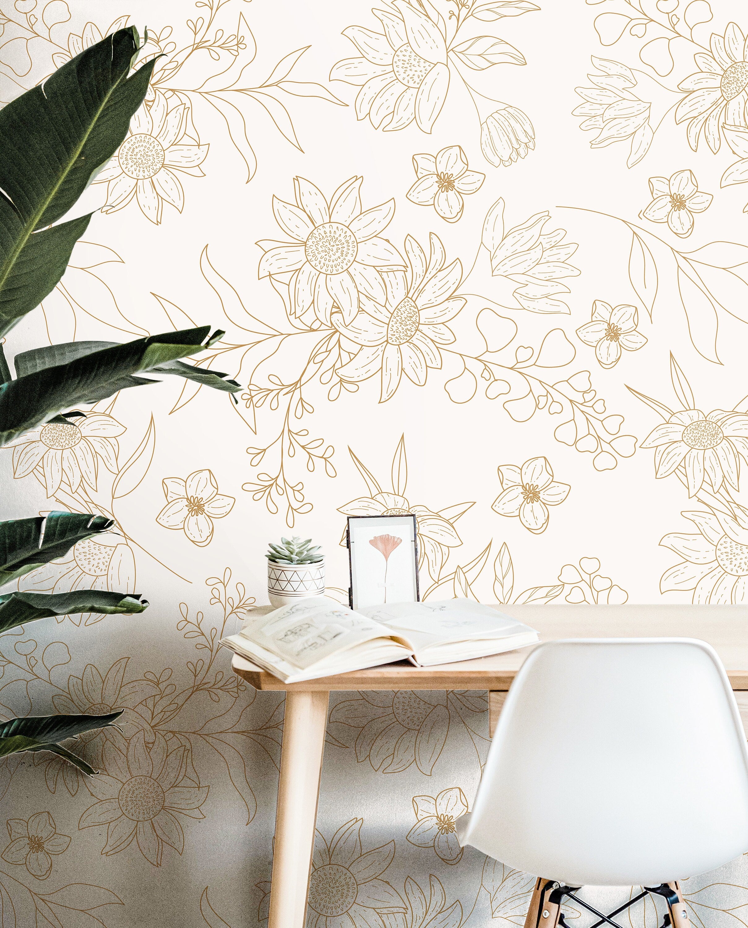 Set of 2 Panels of 24in (2ft) x 108in (9ft) Cream Floral Outline Minimalist DISCOUNTED Peel and Stick Wallpaper | 158Wallpaper Peel and Stick Wallpaper Cream Floral Outline Minimalist Removable Wallpaper 45