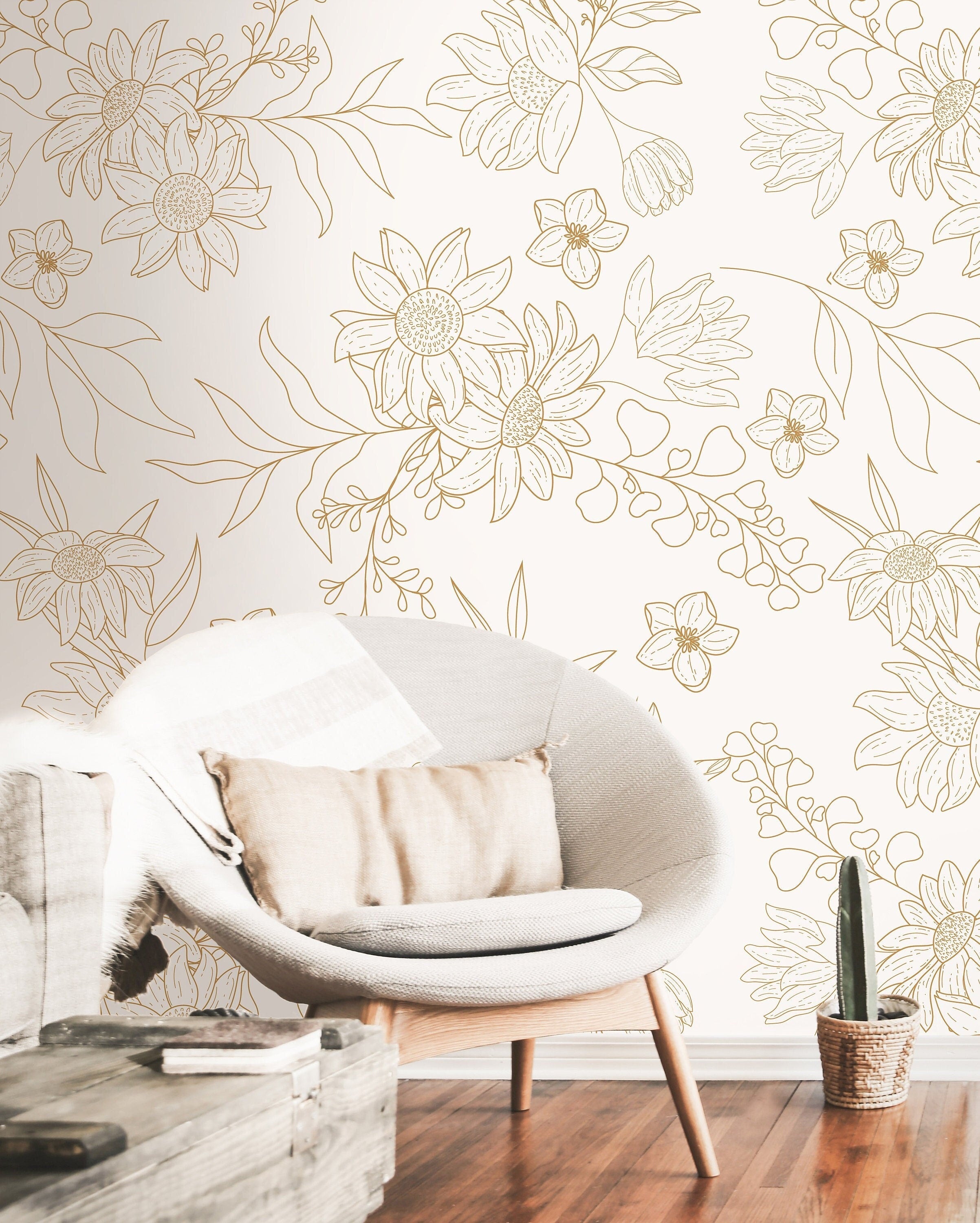 Set of 2 Panels of 24in (2ft) x 108in (9ft) Cream Floral Outline Minimalist DISCOUNTED Peel and Stick Wallpaper | 158Wallpaper Peel and Stick Wallpaper Cream Floral Outline Minimalist Removable Wallpaper 45