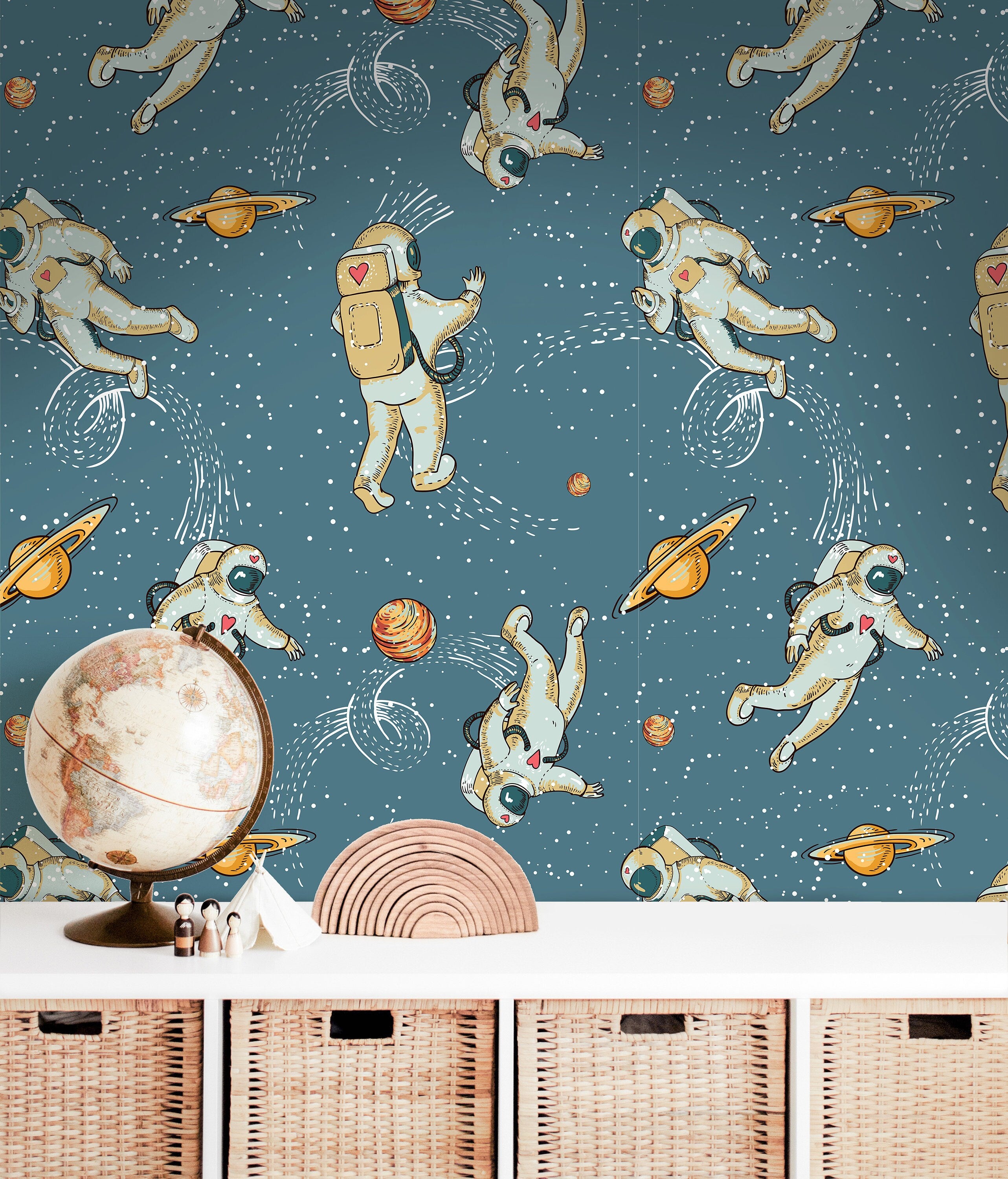 Removable Astronauts Space Wallpaper | Boys Nursery Wallpaper | Kids Wallpaper | Childrens Wallpaper | Peel Stick Wallpaper | Boys Room | 46 - JamesAndColors