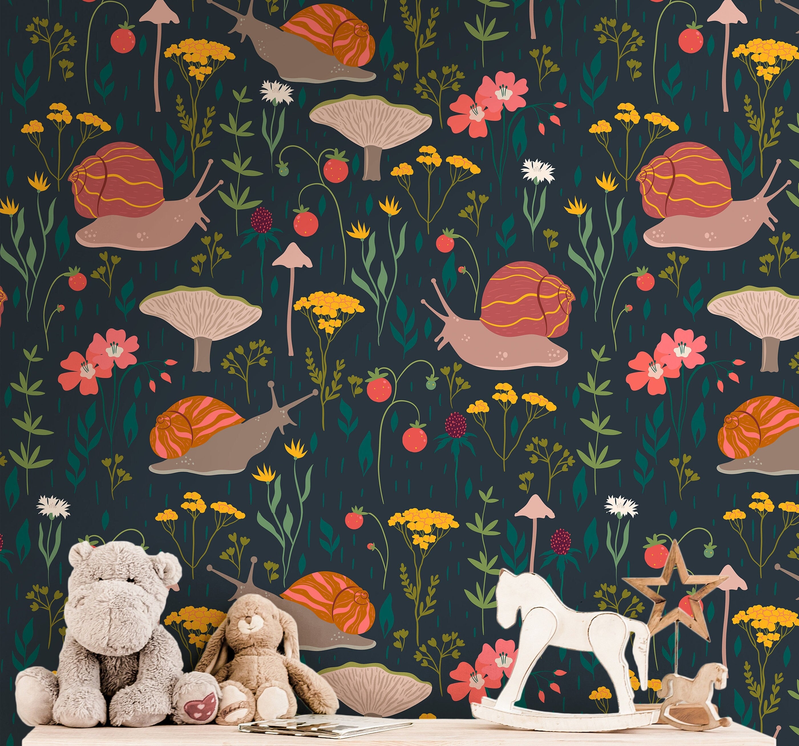Snails Garden Floral Girls Wallpaper | Girls Nursery Wallpaper | Kids Wallpaper | Childrens Wallpaper | Peel Stick Removable Wallpaper | 47 - JamesAndColors