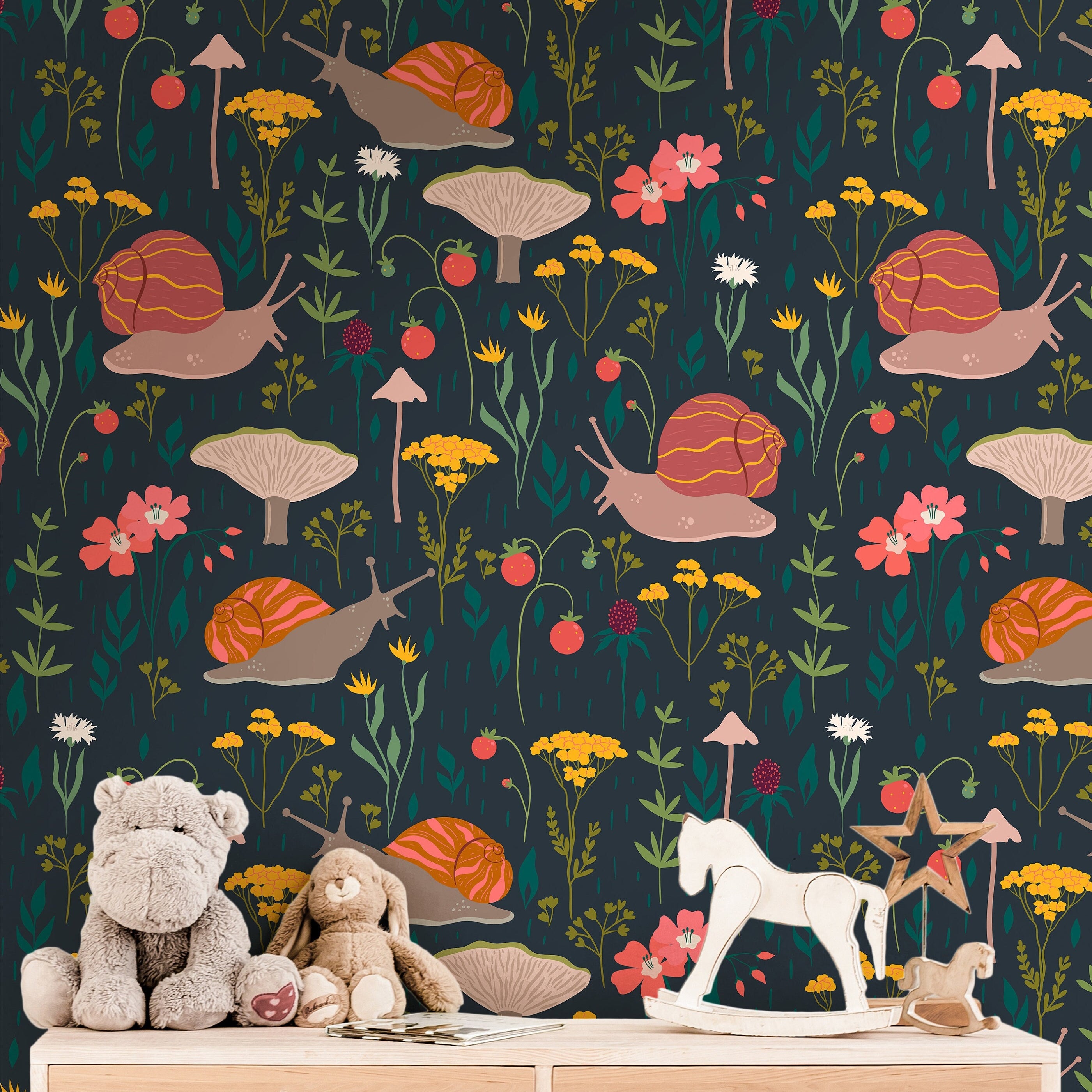 Snails Garden Floral Girls Wallpaper | Girls Nursery Wallpaper | Kids Wallpaper | Childrens Wallpaper | Peel Stick Removable Wallpaper | 47 - JamesAndColors