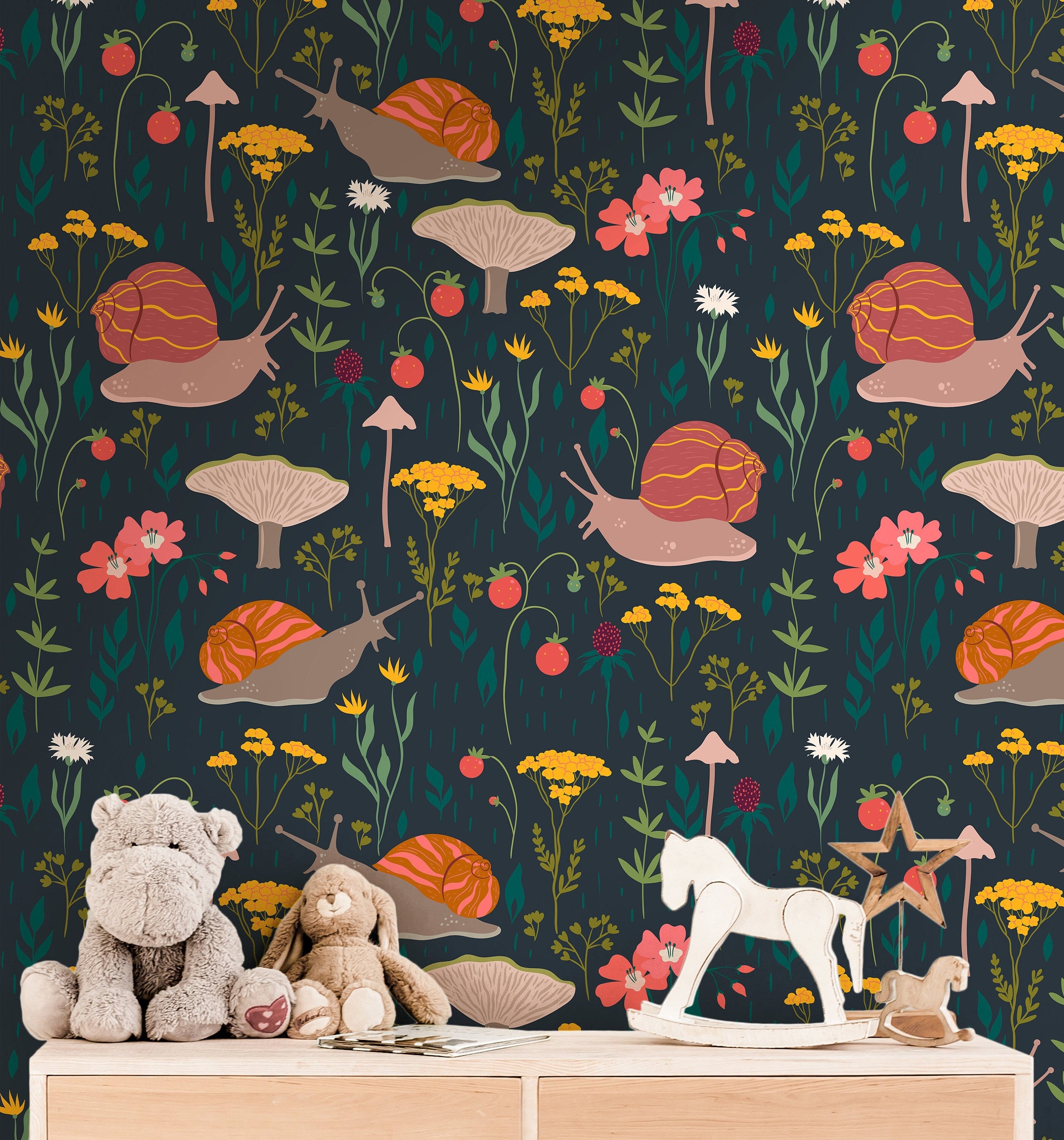 Snails Garden Floral Girls Wallpaper | Girls Nursery Wallpaper | Kids Wallpaper | Childrens Wallpaper | Peel Stick Removable Wallpaper | 47 - JamesAndColors