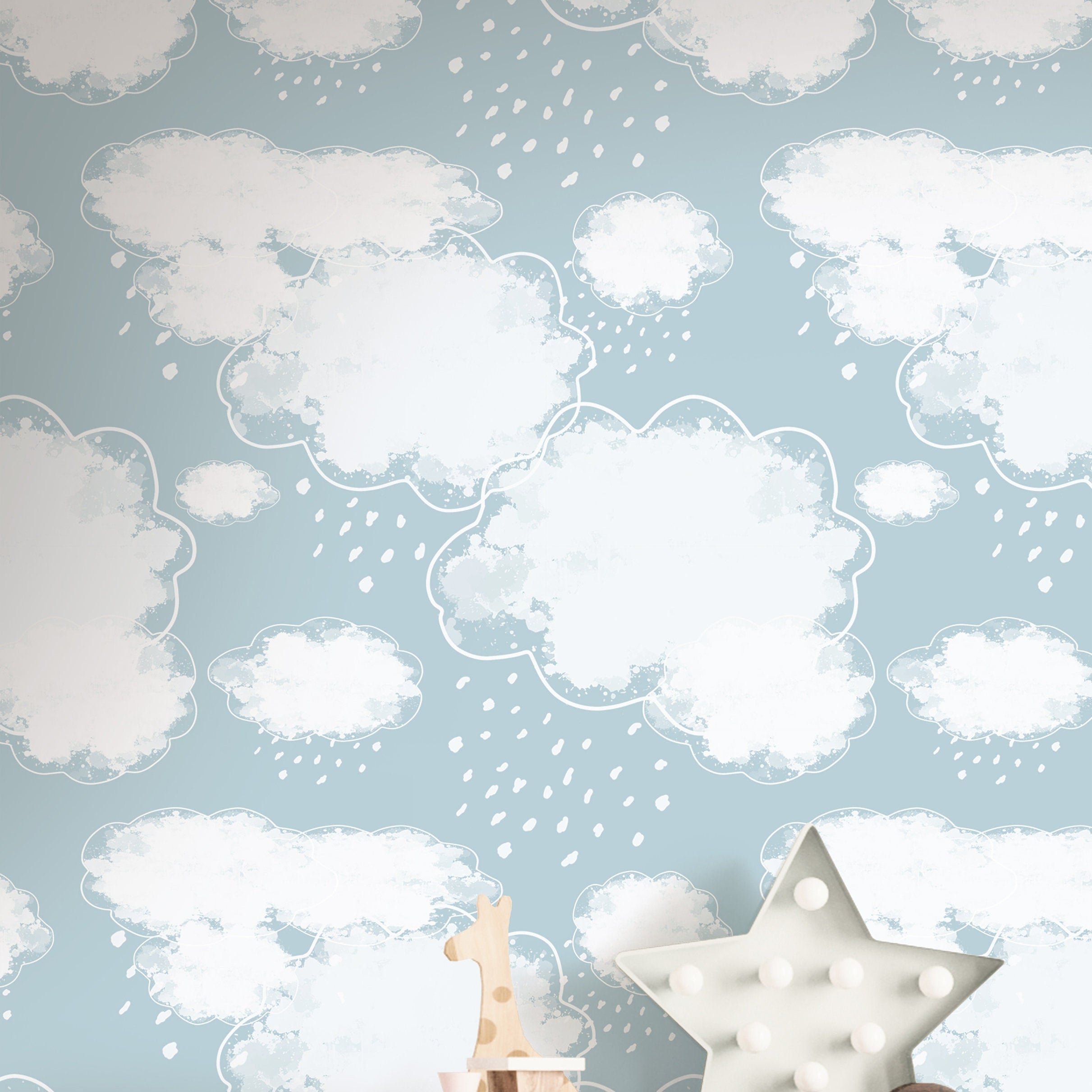 Blue Sky White Clouds Wallpaper | Girls Nursery Wallpaper | Kids Wallpaper | Childrens Wallpaper | Peel Stick Removable Wallpaper | 3905 - JamesAndColors