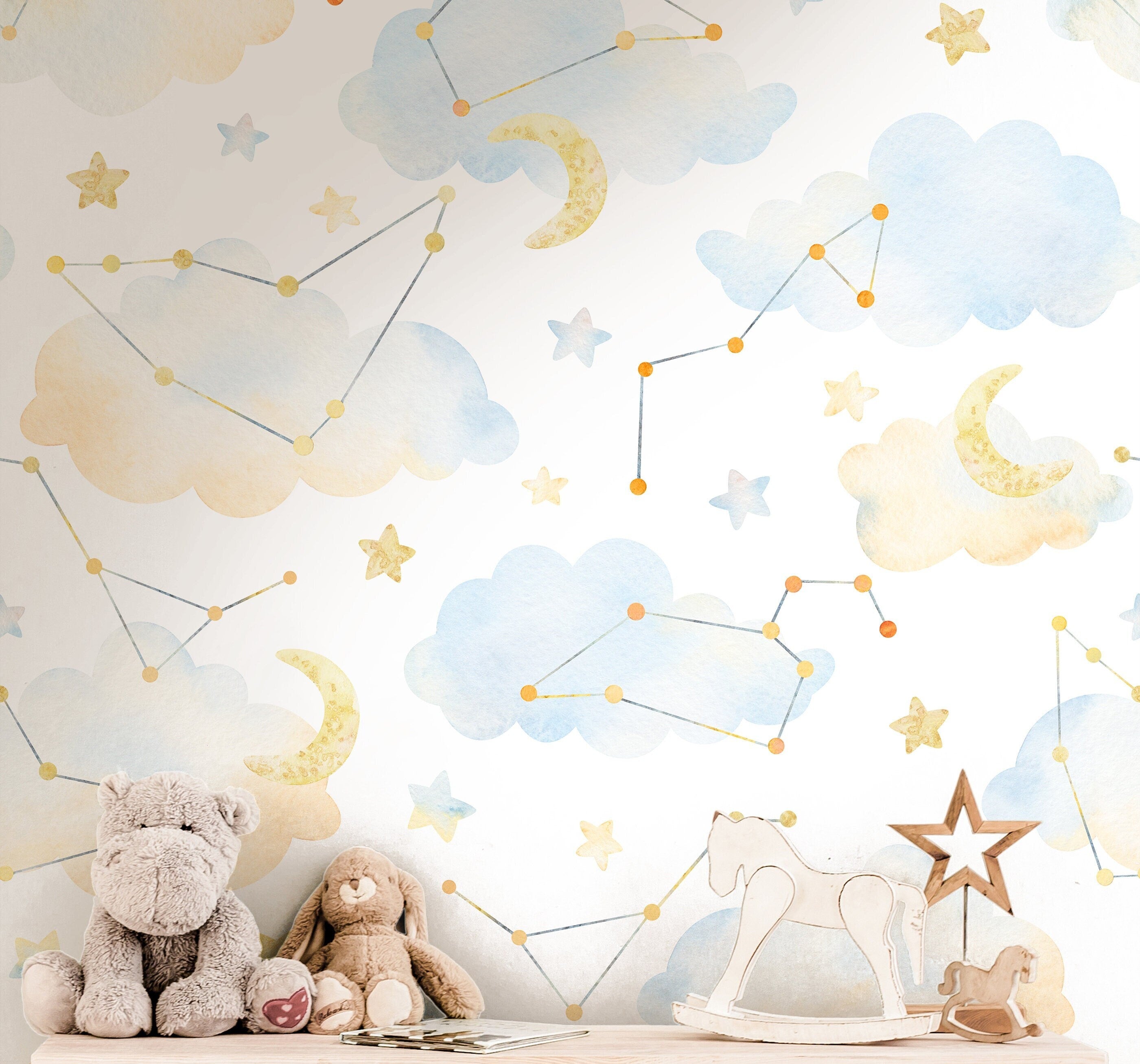 Constellations and Clouds Wallpaper | Girls Nursery Wallpaper | Kids Wallpaper | Childrens Wallpaper | Peel Stick Removable Wallpaper | 3913 - JamesAndColors
